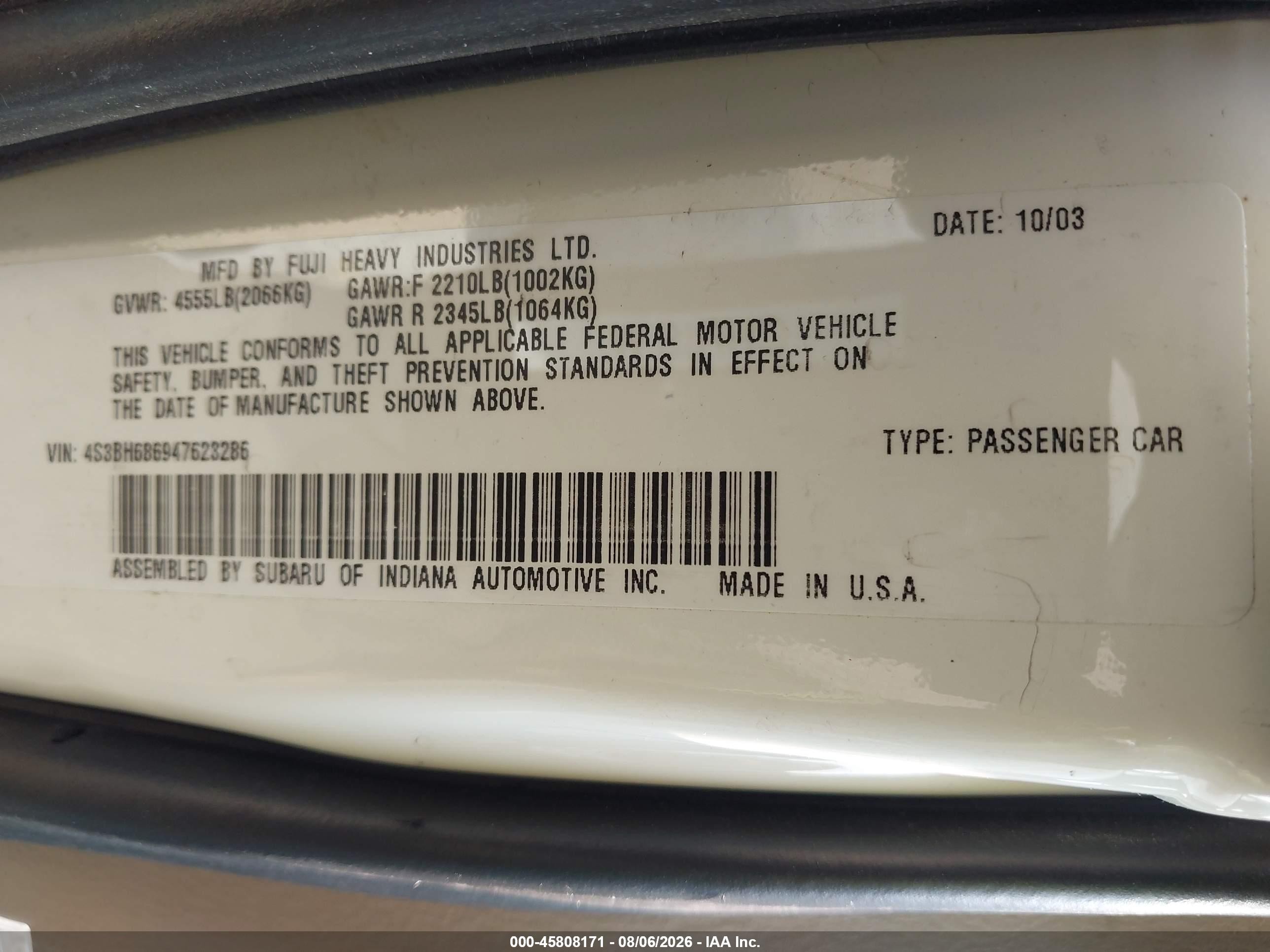 2004 Subaru Outback Limited White vin: 4S3BH686947623286