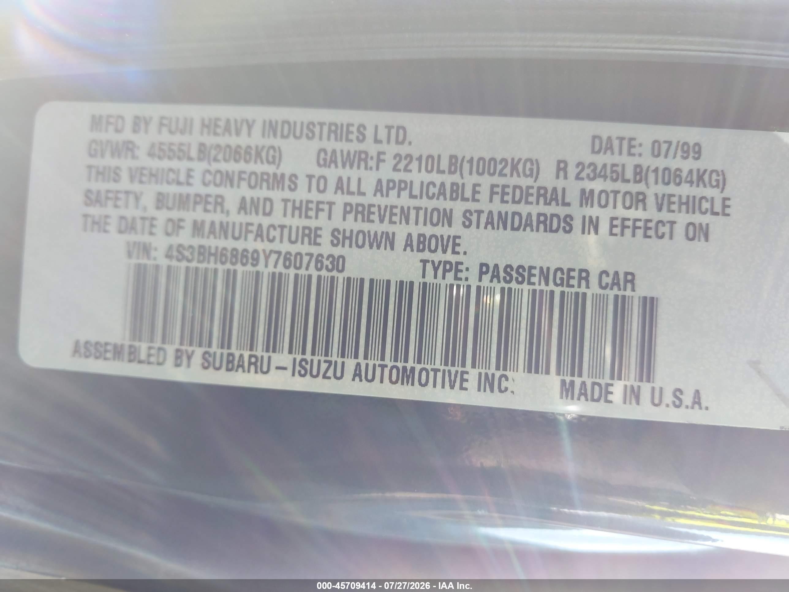 2000 Subaru Outback Limited Зеленый vin: 4S3BH6869Y7607630