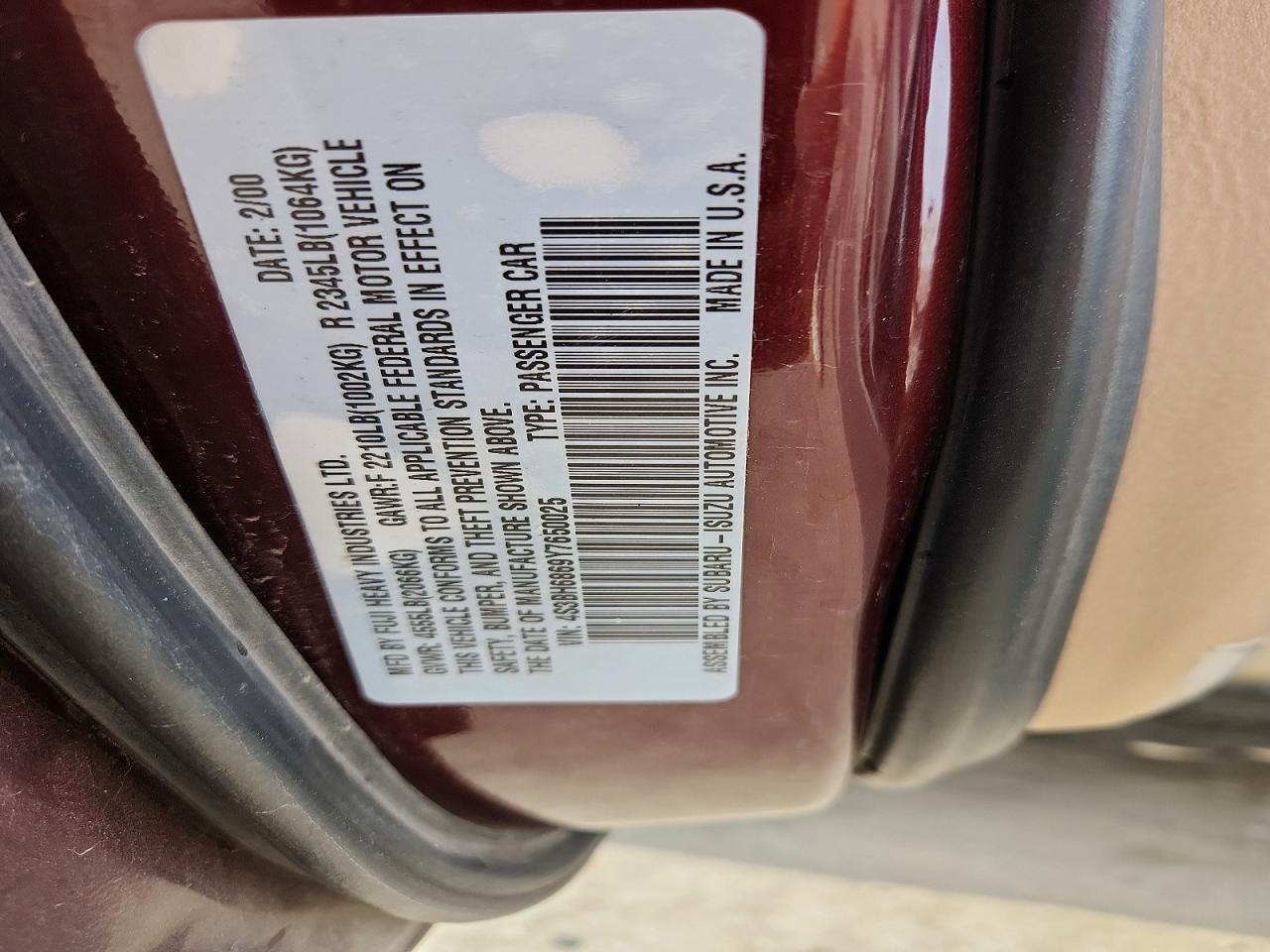2000 Subaru Legacy Outback Limited Burgundy vin: 4S3BH6869Y7650025