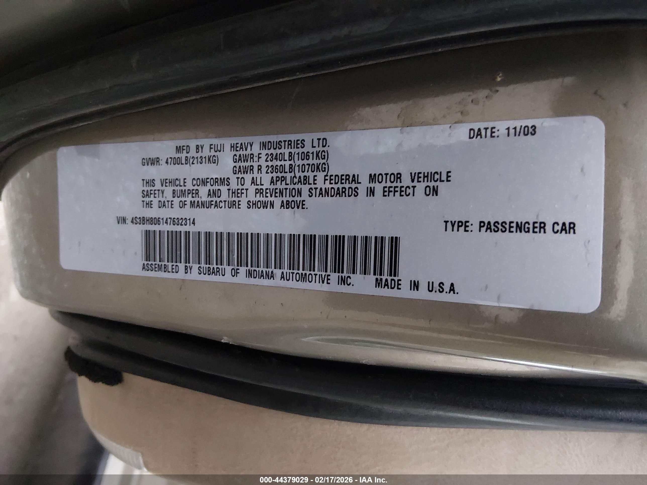 2004 Subaru Outback H6-3.0 L.l. Bean Edition Бежевый vin: 4S3BH806147632314