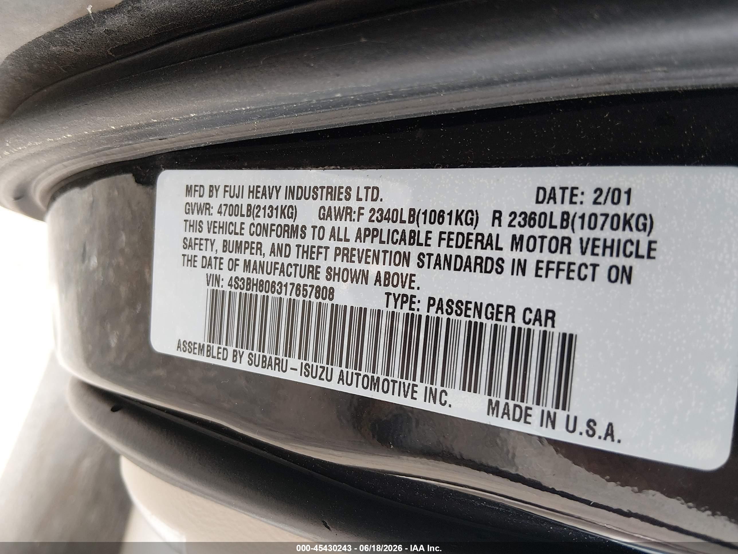 2001 Subaru Outback H6-3.0 Black vin: 4S3BH806317657808