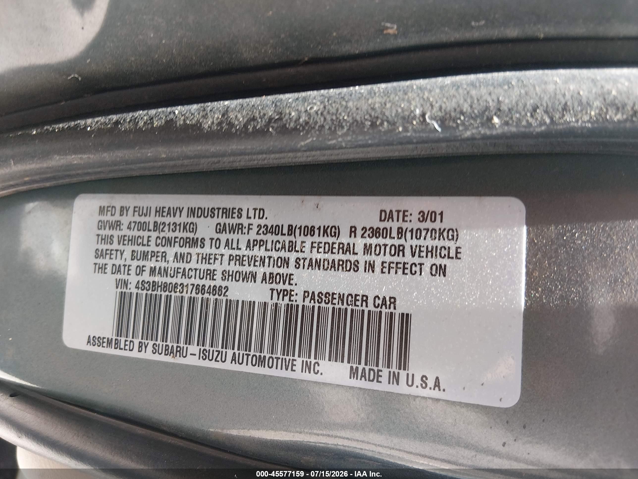 2001 Subaru Outback H6-3.0 Gray vin: 4S3BH806317664662