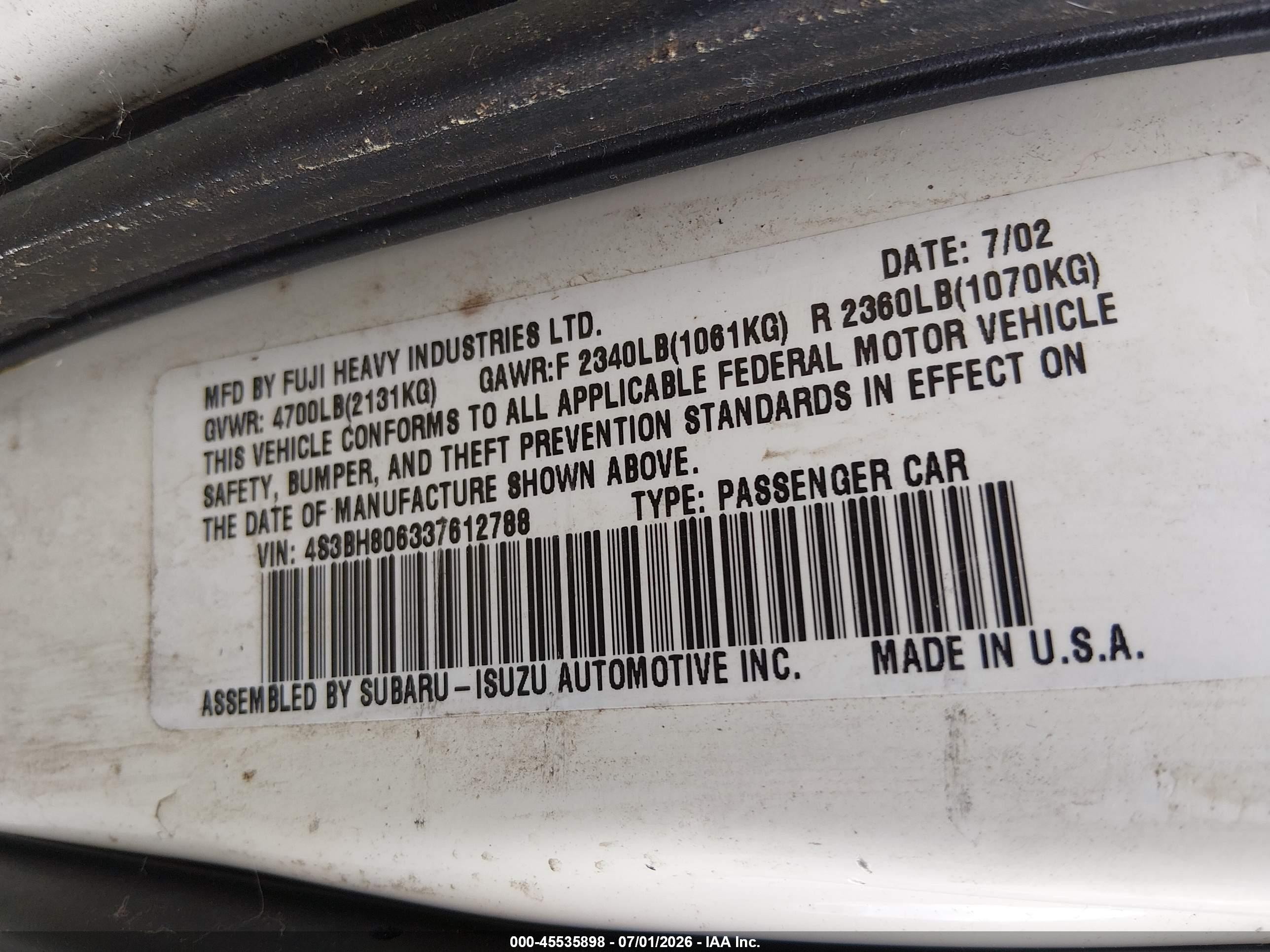 2003 Subaru Outback H6-3.0 L.l. Bean Edition White vin: 4S3BH806337612788