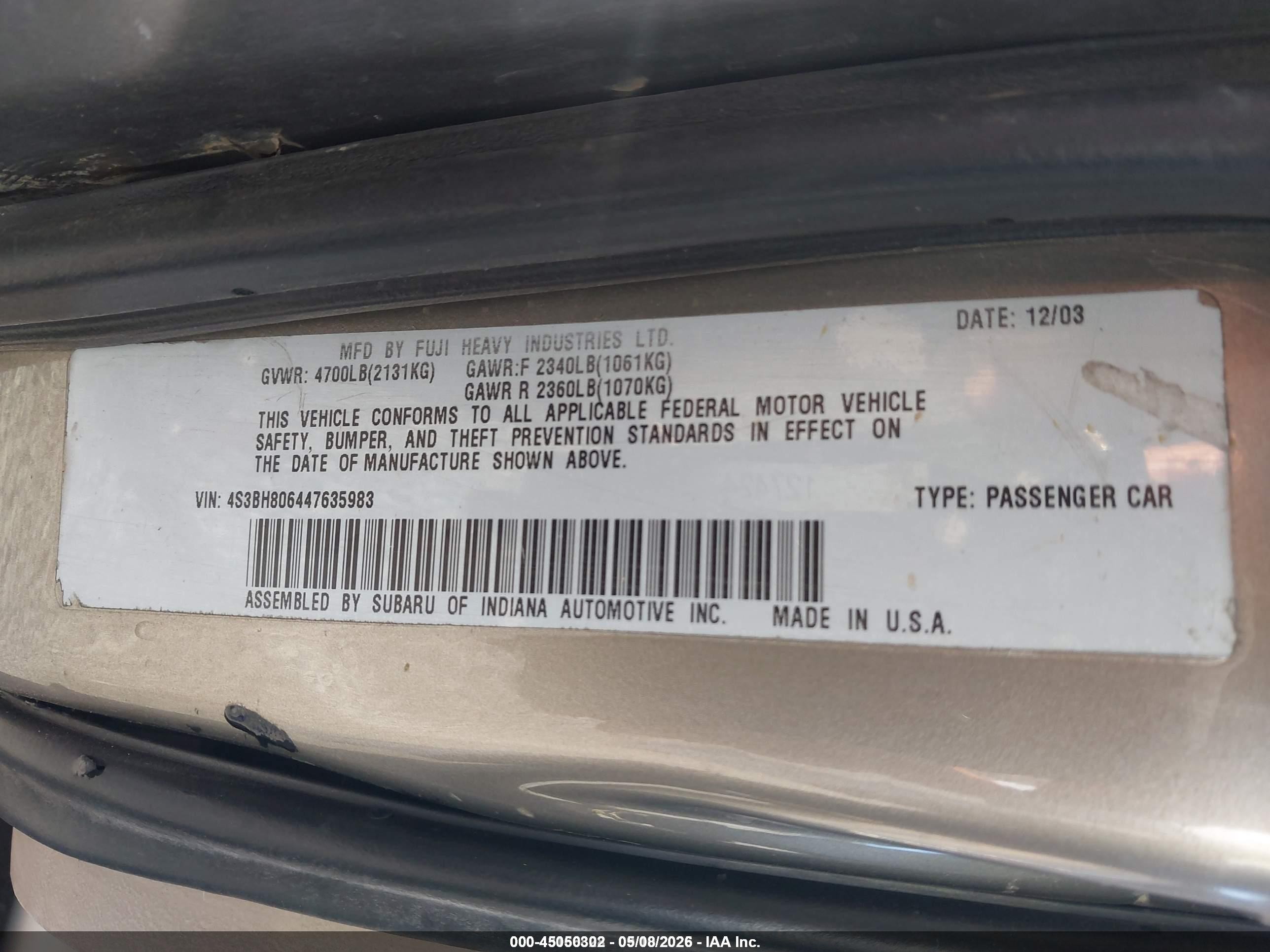 2004 Subaru Outback H6-3.0 L.l. Bean Edition Champagne vin: 4S3BH806447635983