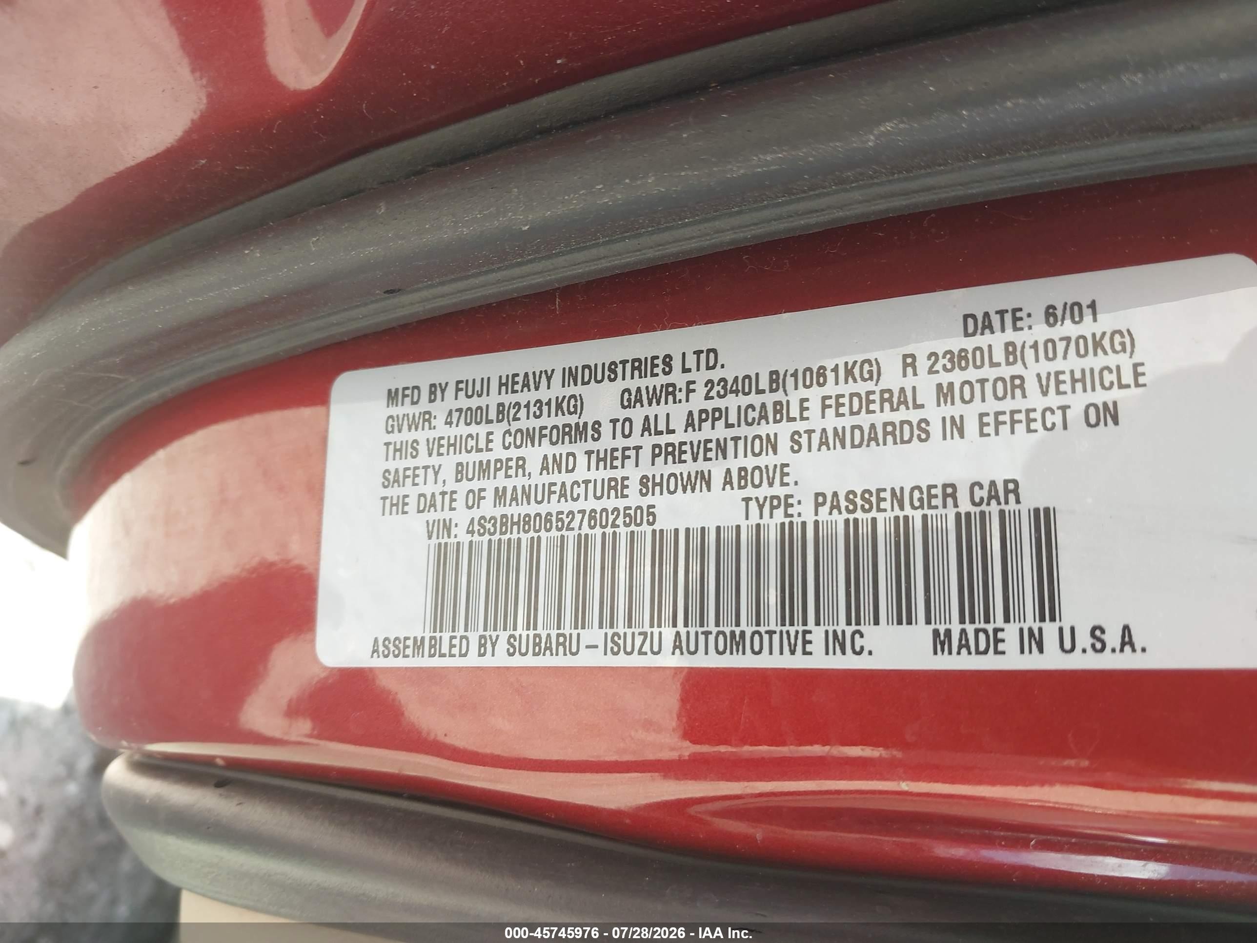 2002 Subaru Outback H6-3.0 L.l. Bean Edition Red vin: 4S3BH806527602505