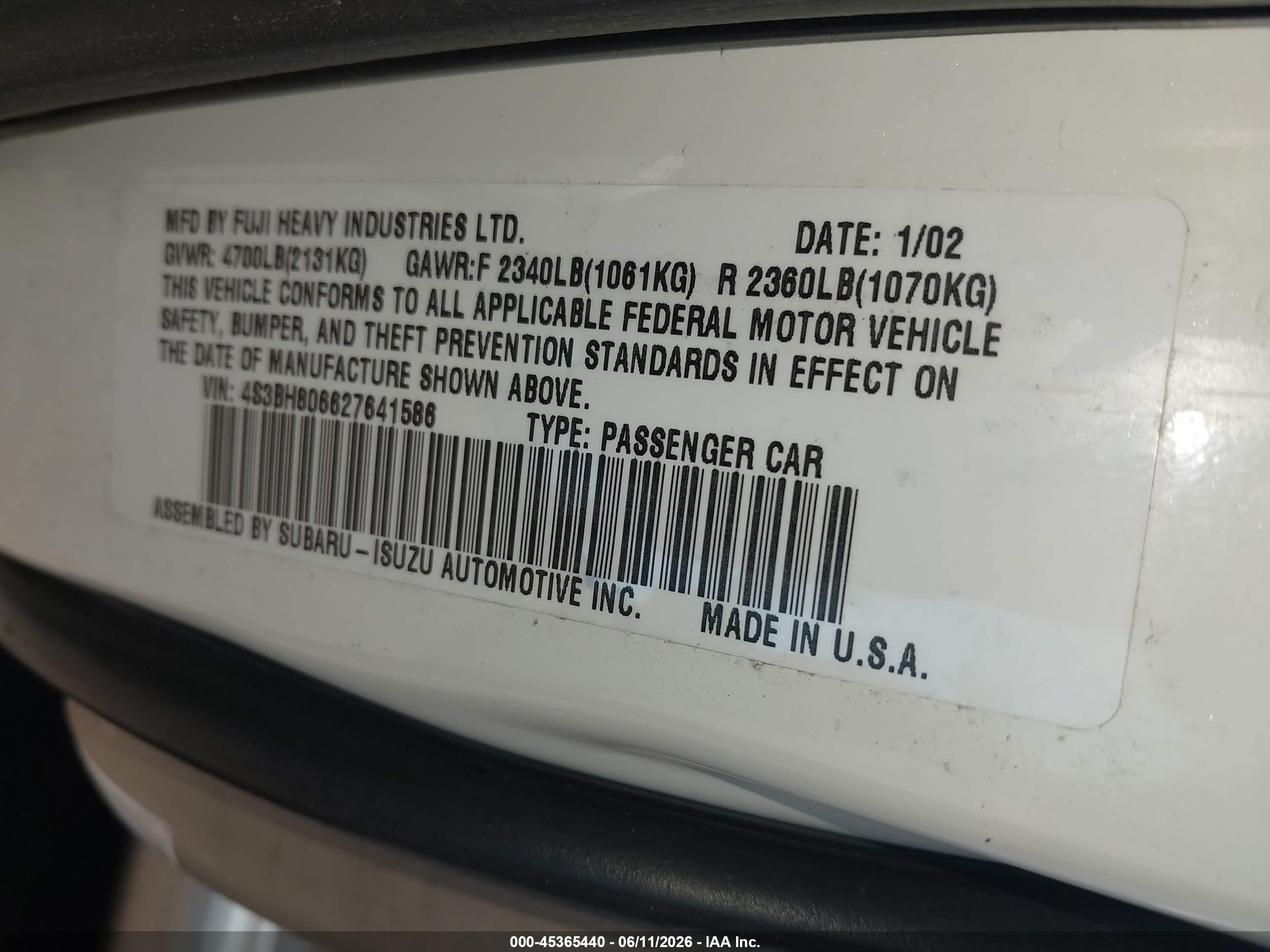 2002 Subaru Outback H6-3.0 L.l. Bean Edition White vin: 4S3BH806627641586