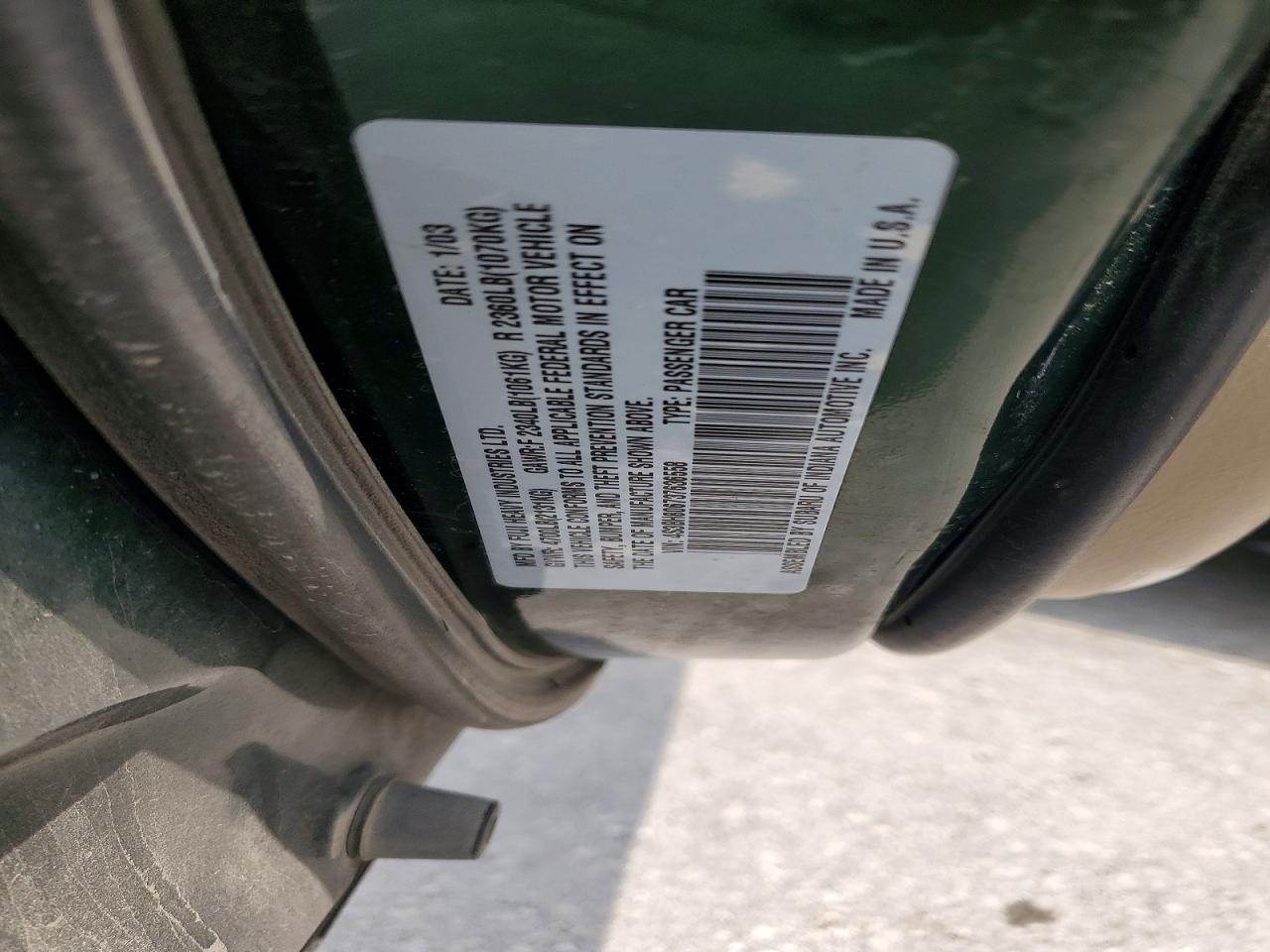 2003 Subaru Legacy Outback H6 3.0 Ll Bean Green vin: 4S3BH806737636558