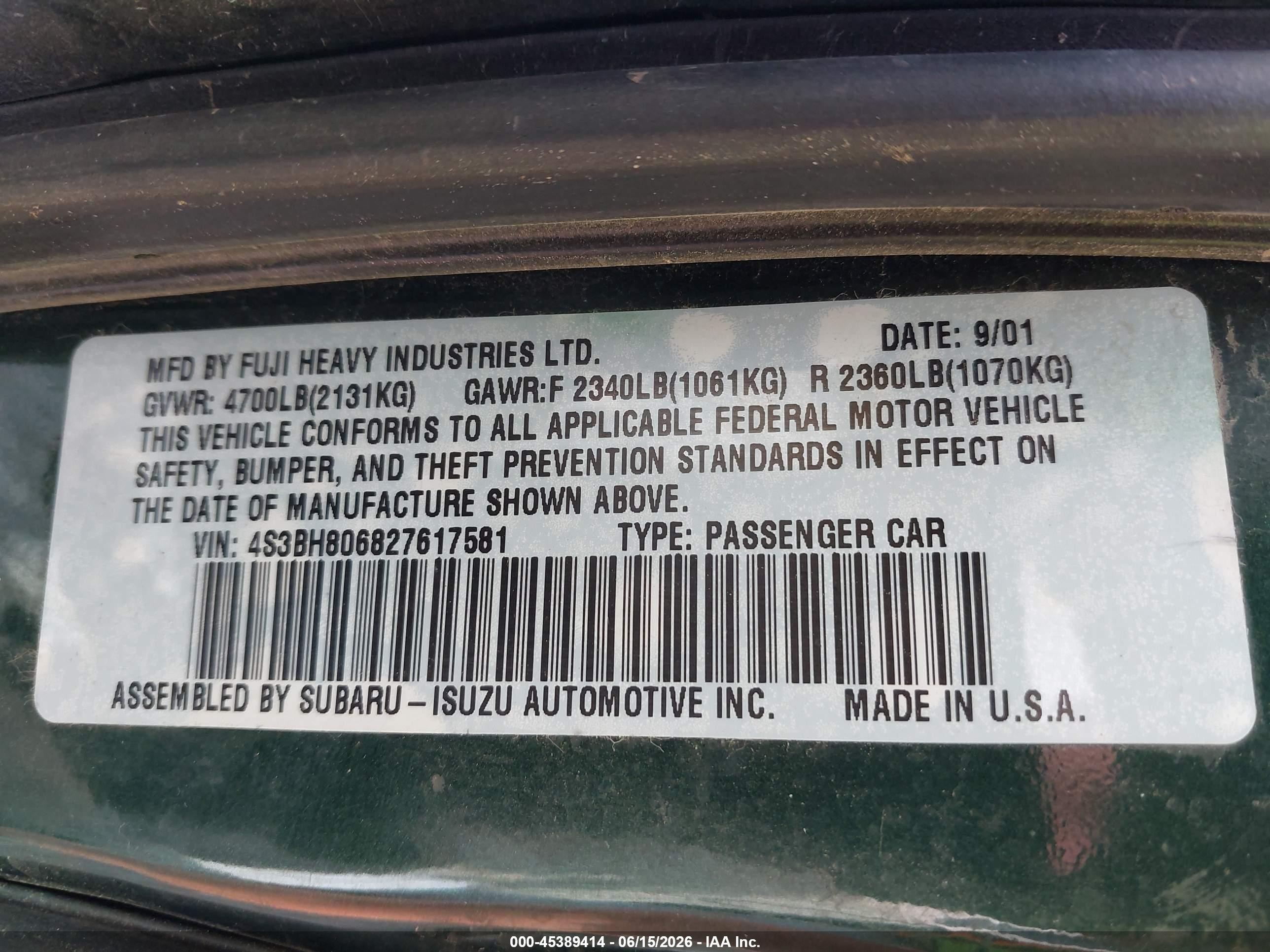 2002 Subaru Outback H6-3.0 L.l. Bean Edition Green vin: 4S3BH806827617581