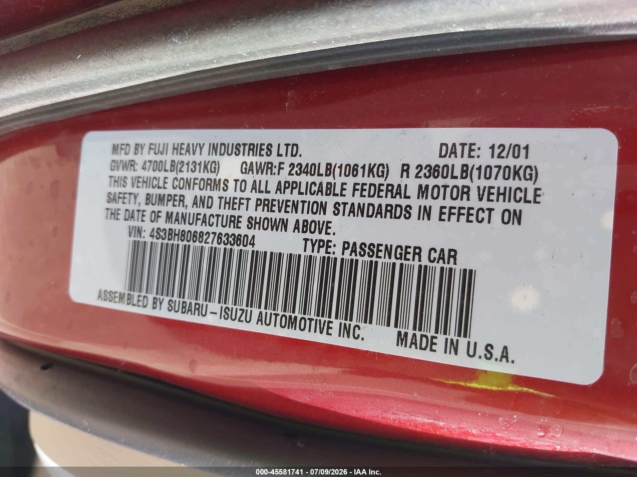 2002 Subaru Outback H6-3.0 L.l. Bean Edition Red vin: 4S3BH806827633604