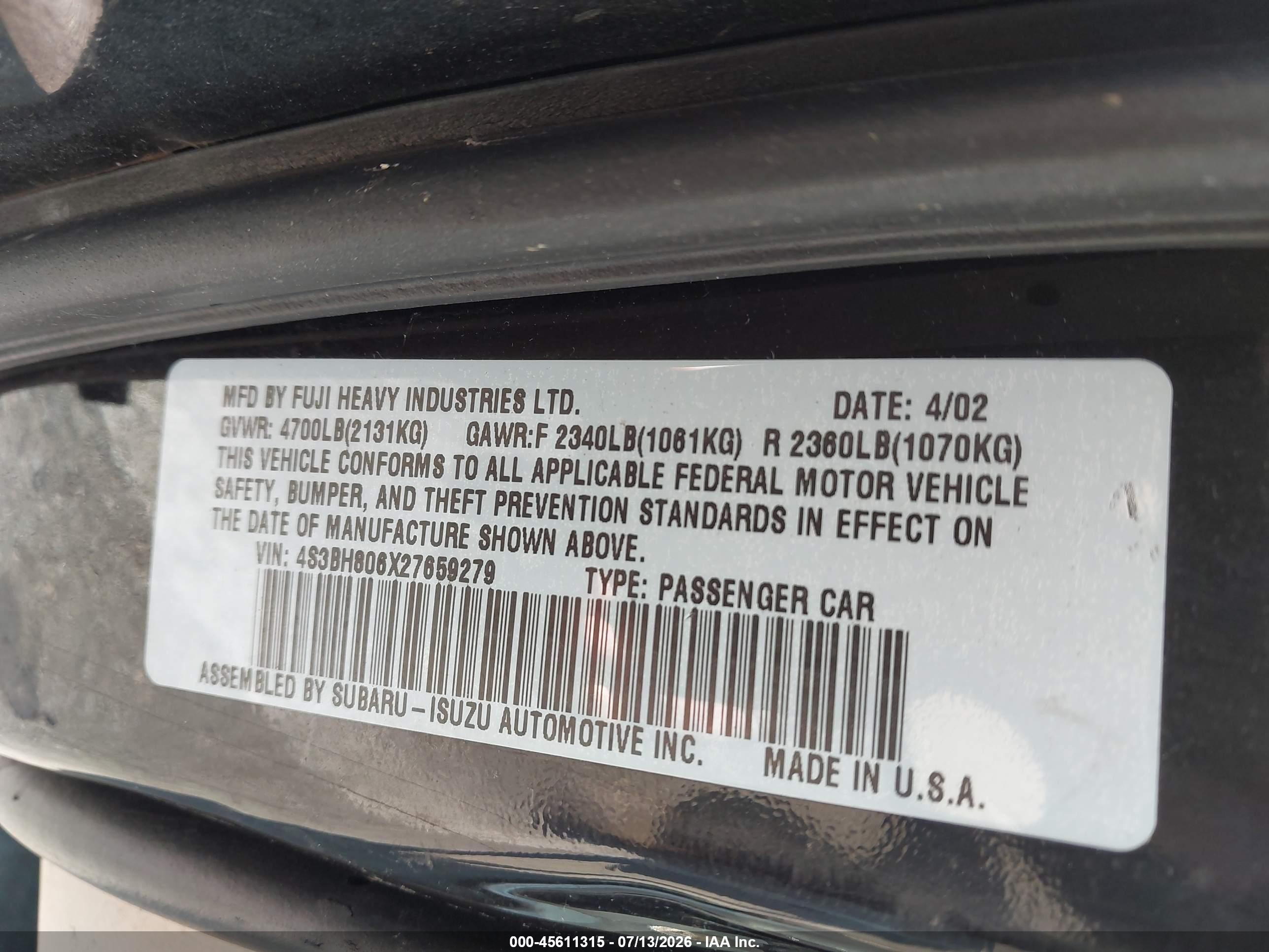 2002 Subaru Outback H6-3.0 L.l. Bean Edition Black vin: 4S3BH806X27659279