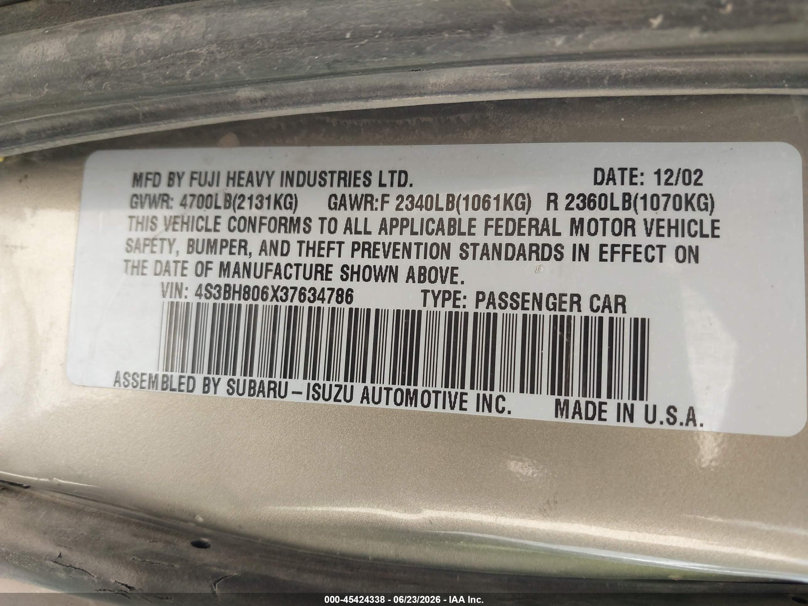 2003 Subaru Outback H6-3.0 L.l. Bean Edition Золотой vin: 4S3BH806X37634786