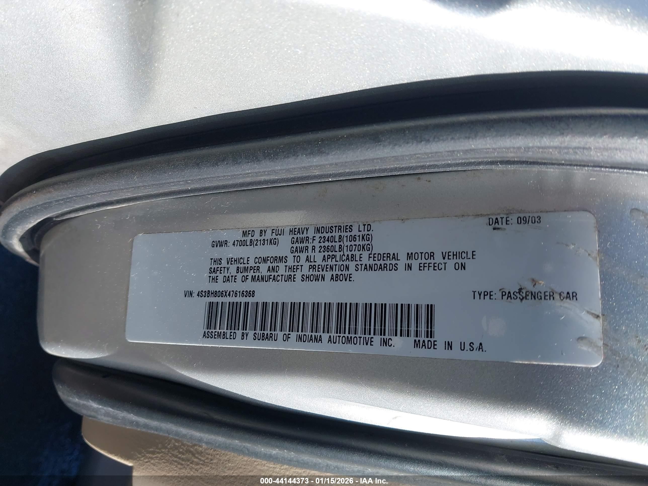 2004 Subaru Legacy Outback H6 3.0 Ll Bean Серебряный vin: 4S3BH806X47616368