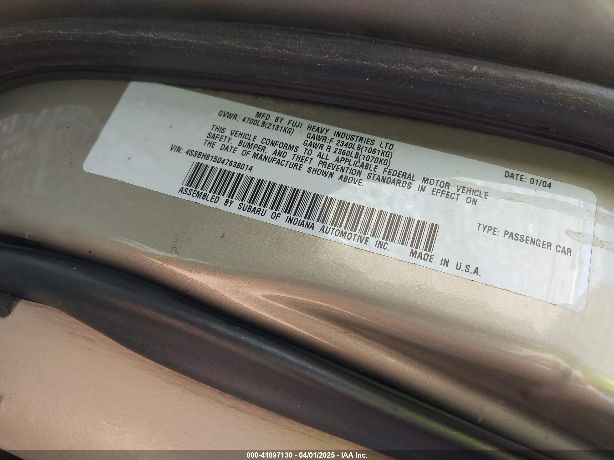 2004 Subaru Outback H6-3.0 W/35th Anniversary Edition Gold vin: 4S3BH815047638014