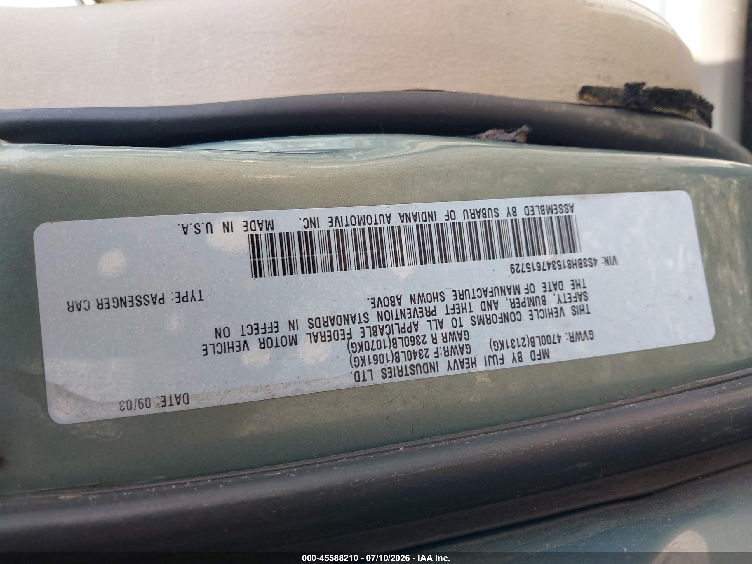 2004 Subaru Outback H6-3.0 W/35th Anniversary Edition Blue vin: 4S3BH815347615729
