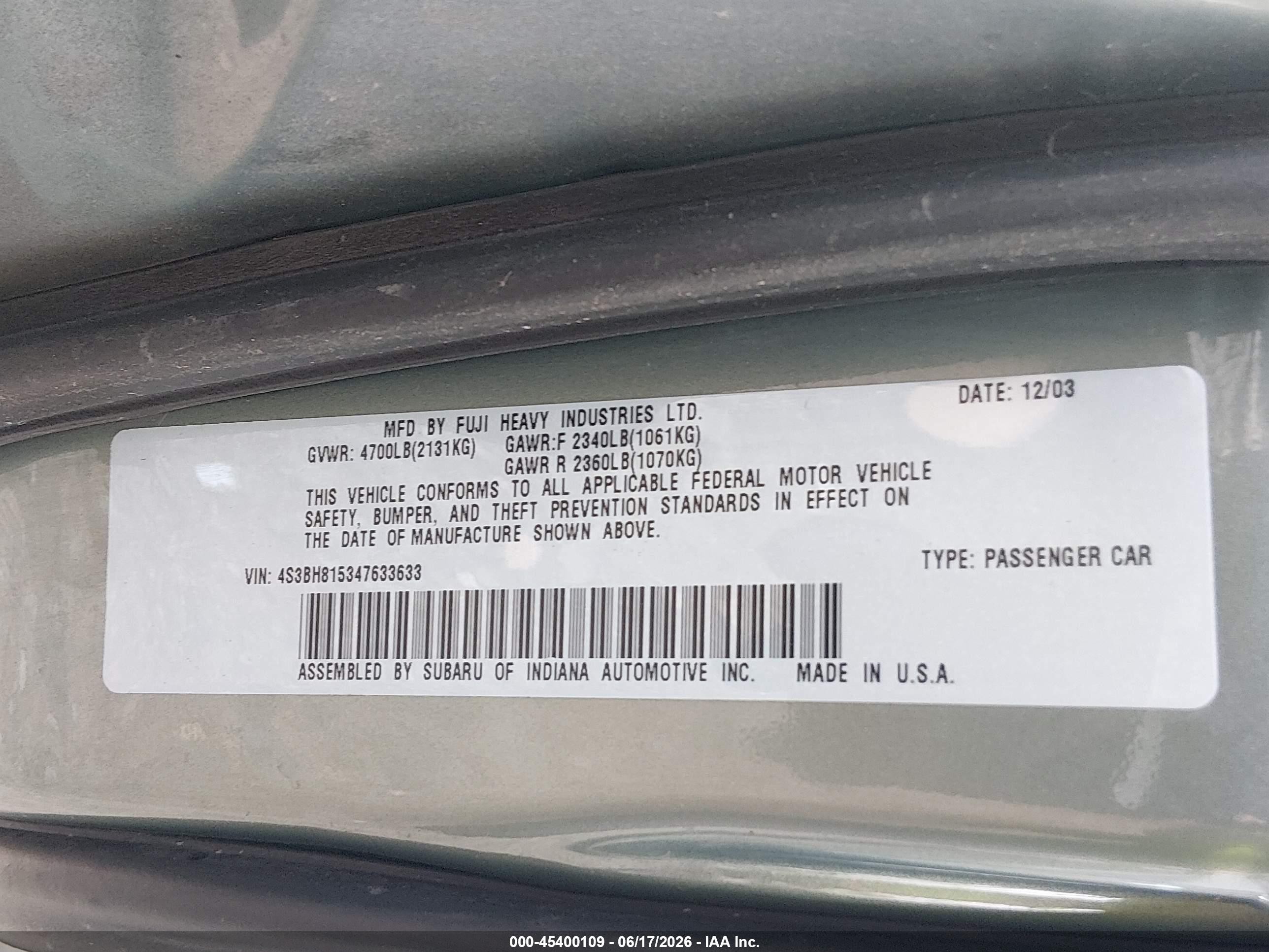 2004 Subaru Outback H6-3.0 W/35th Anniversary Edition Blue vin: 4S3BH815347633633