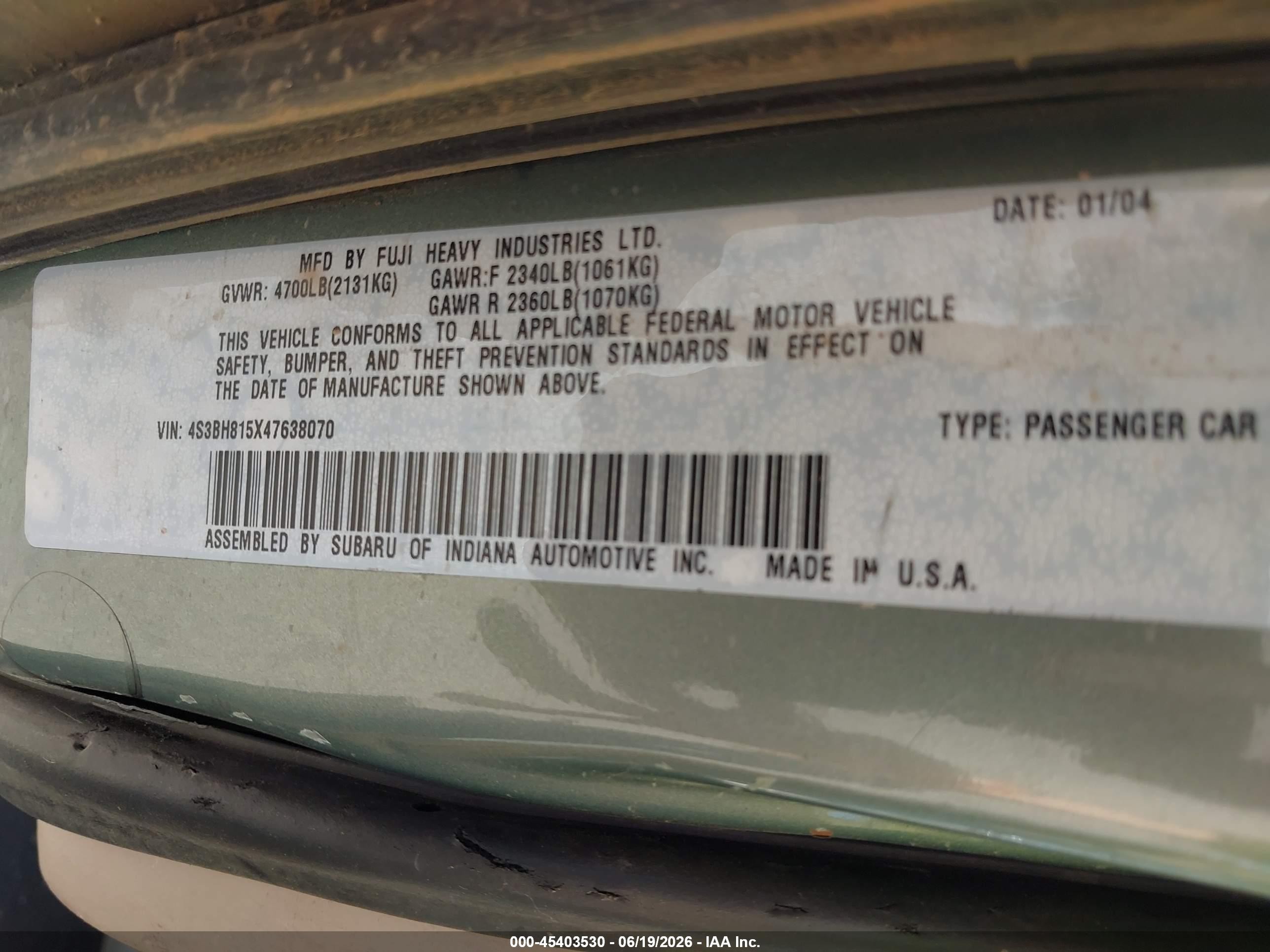 2004 Subaru Outback H6-3.0 W/35th Anniversary Edition Green vin: 4S3BH815X47638070