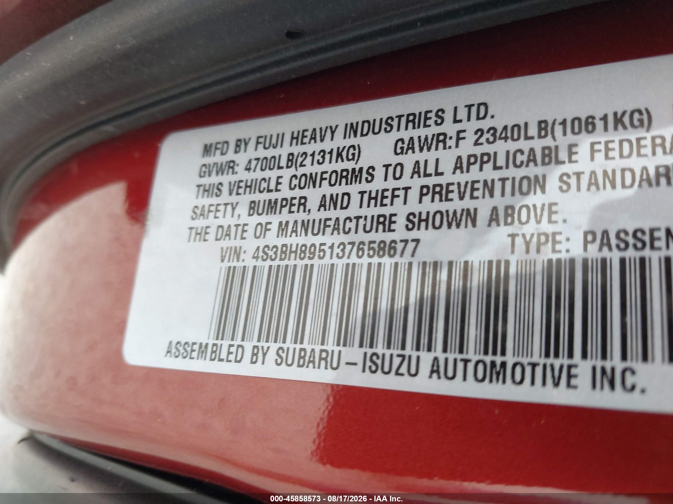 2003 Subaru Outback H6-3.0 Red vin: 4S3BH895137658677