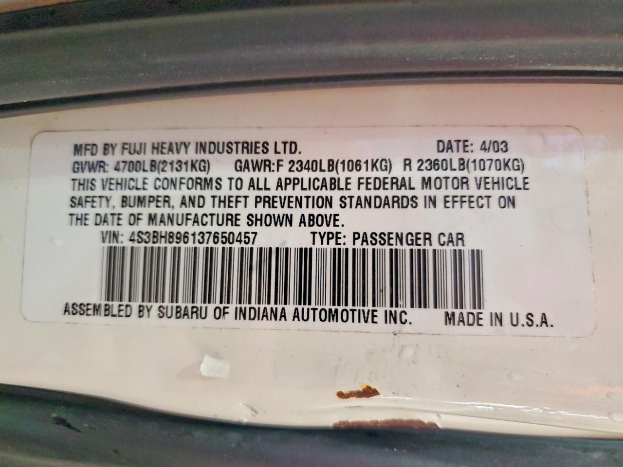 2003 Subaru Legacy Outback H6 3.0 Vdc White vin: 4S3BH896137650457