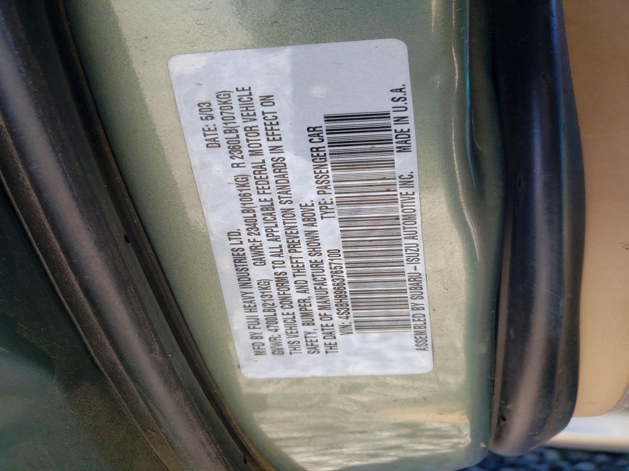 2003 Subaru Legacy Outback H6 3.0 Vdc Green vin: 4S3BH896637657100