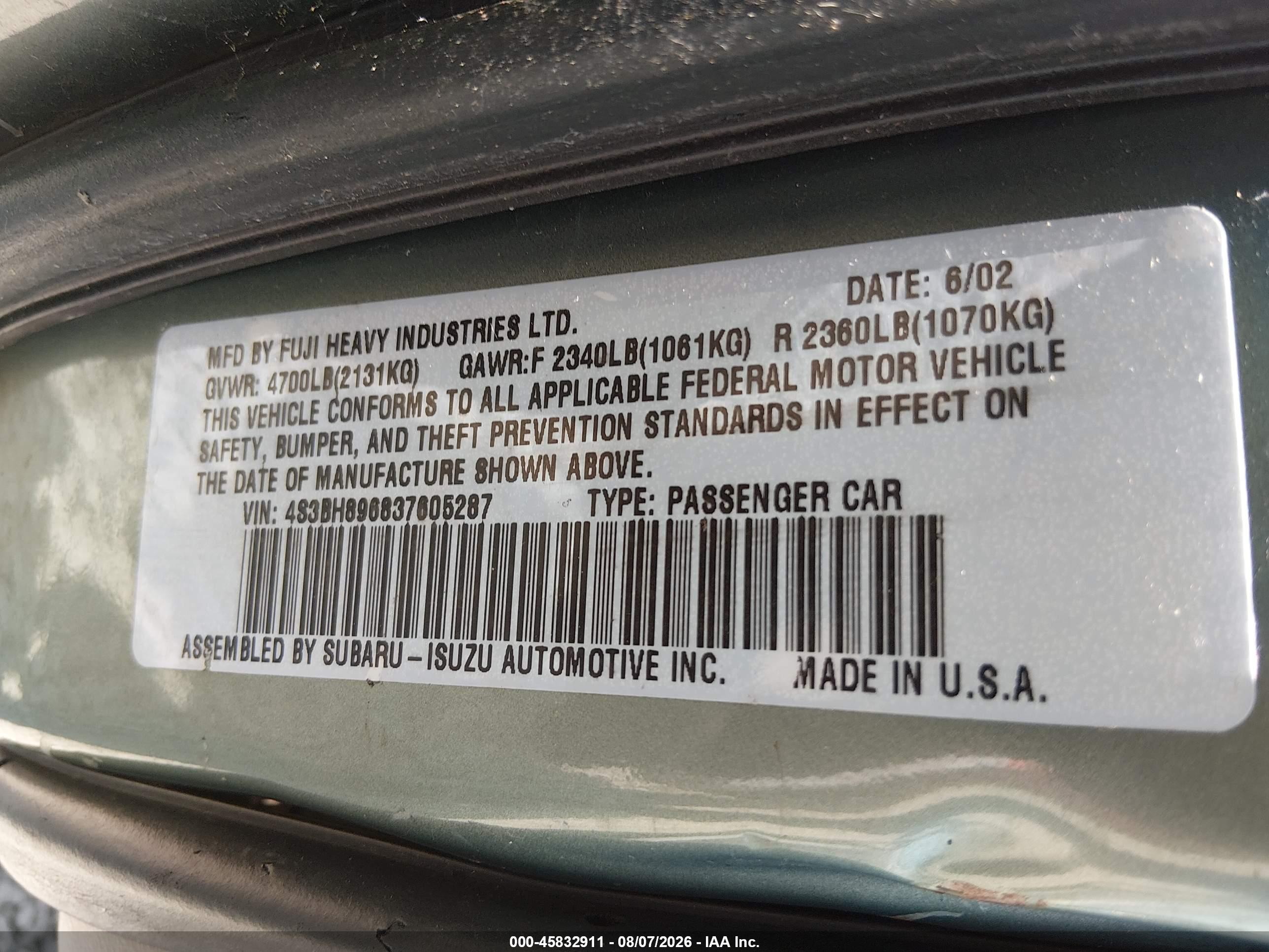 2003 Subaru Outback H6-3.0 Vdc Green vin: 4S3BH896837605287