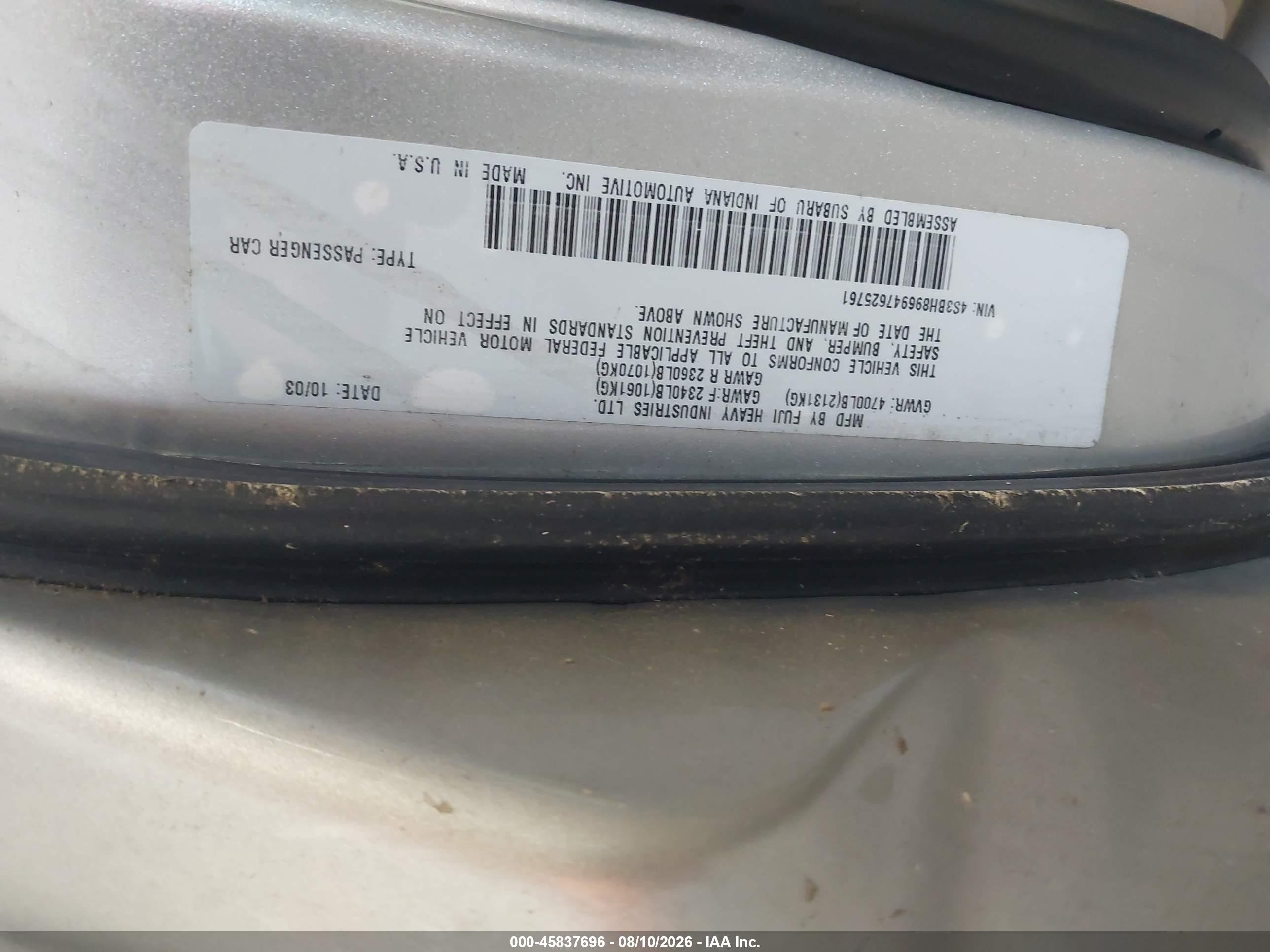 2004 Subaru Outback H6-3.0 Vdc Silver vin: 4S3BH896947625761