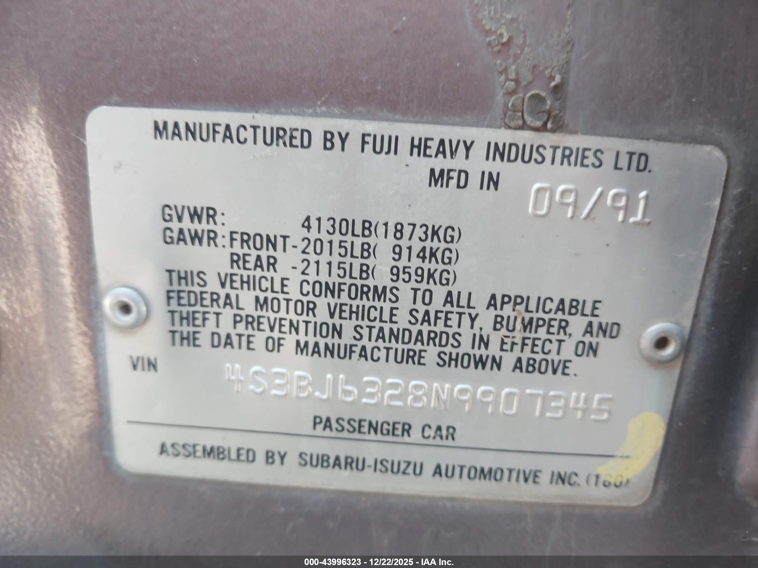 1992 Subaru Legacy L Gold vin: 4S3BJ6328N9907345