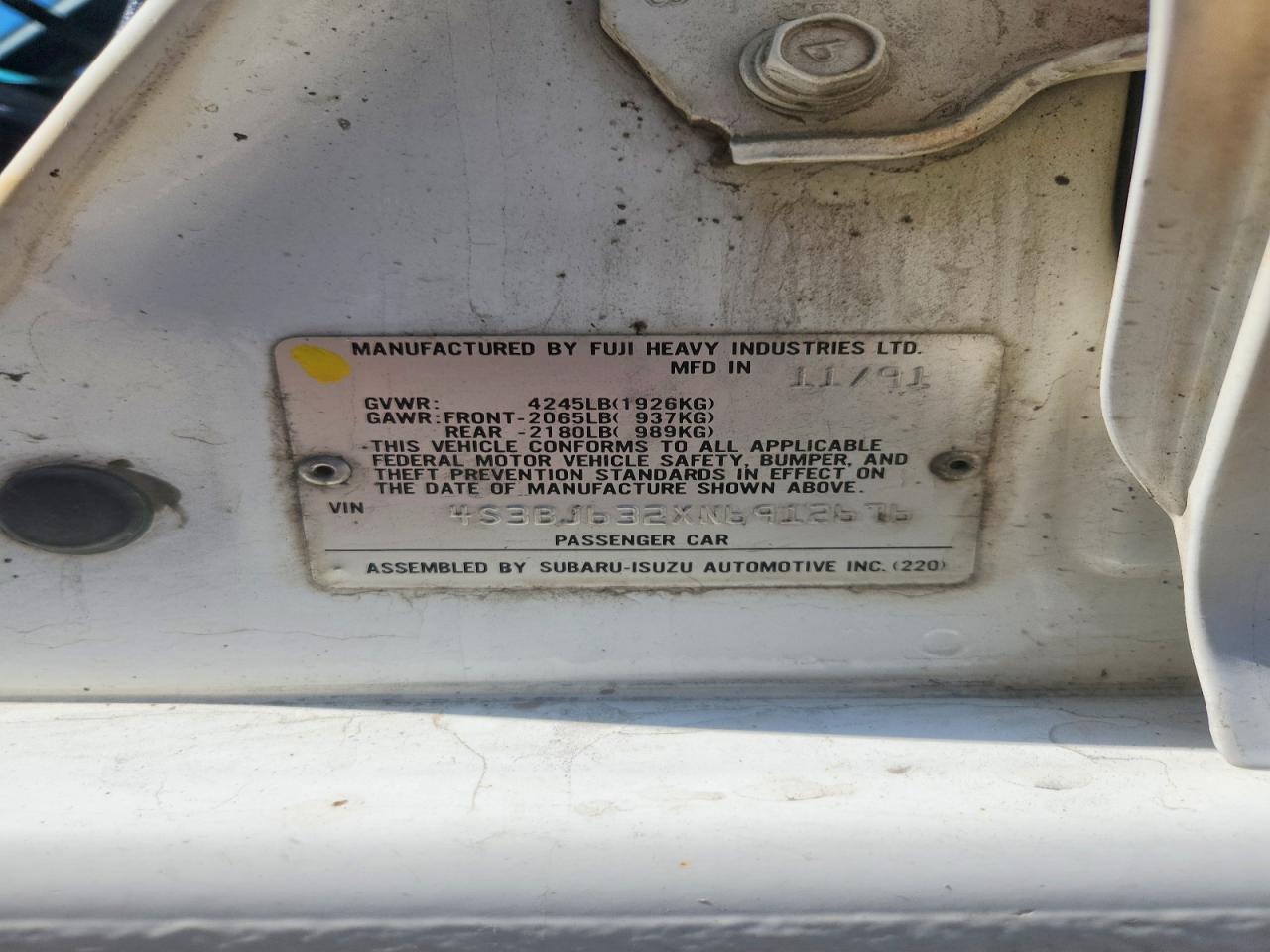 1992 Subaru Legacy L White vin: 4S3BJ632XN6912676
