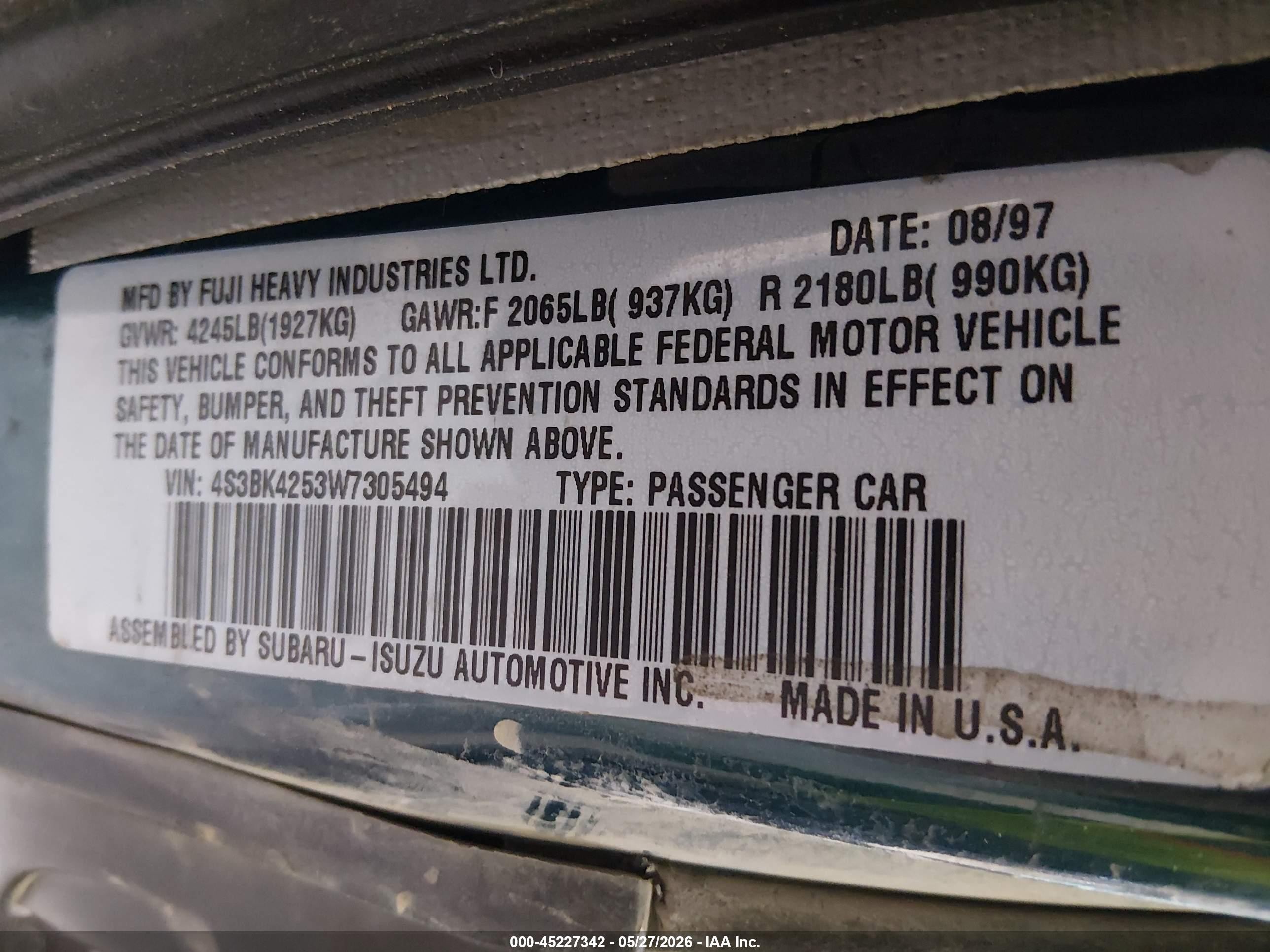 1998 Subaru Legacy Brighton Green vin: 4S3BK4253W7305494