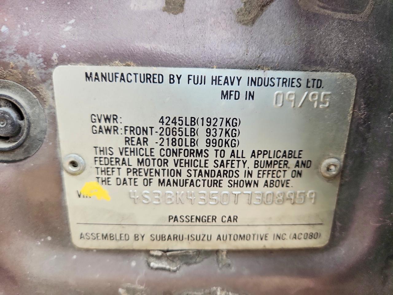 1996 Subaru Legacy L Gray vin: 4S3BK4350T7308959