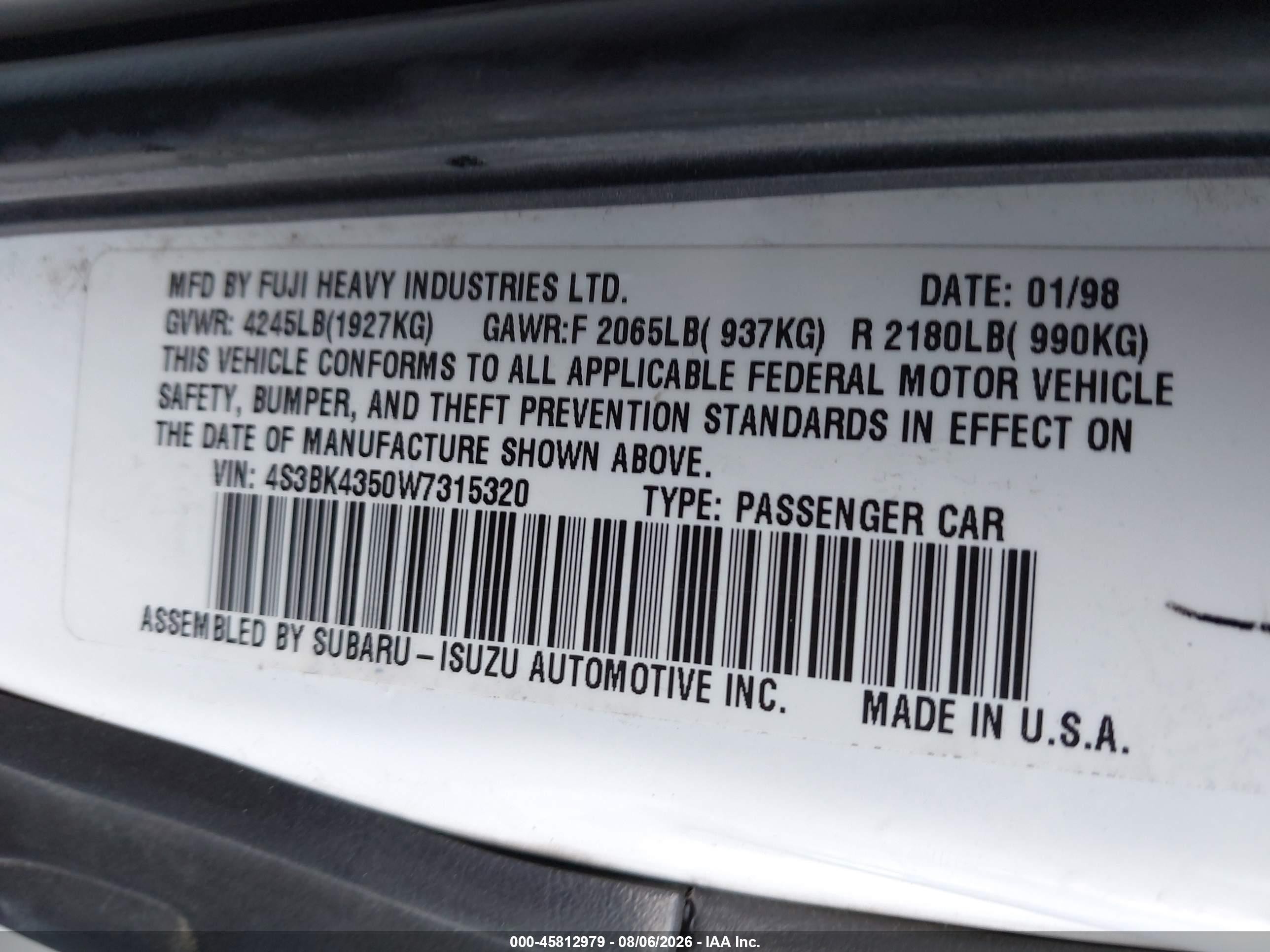 1998 Subaru Legacy L/right Hand Postal Drive White vin: 4S3BK4350W7315320