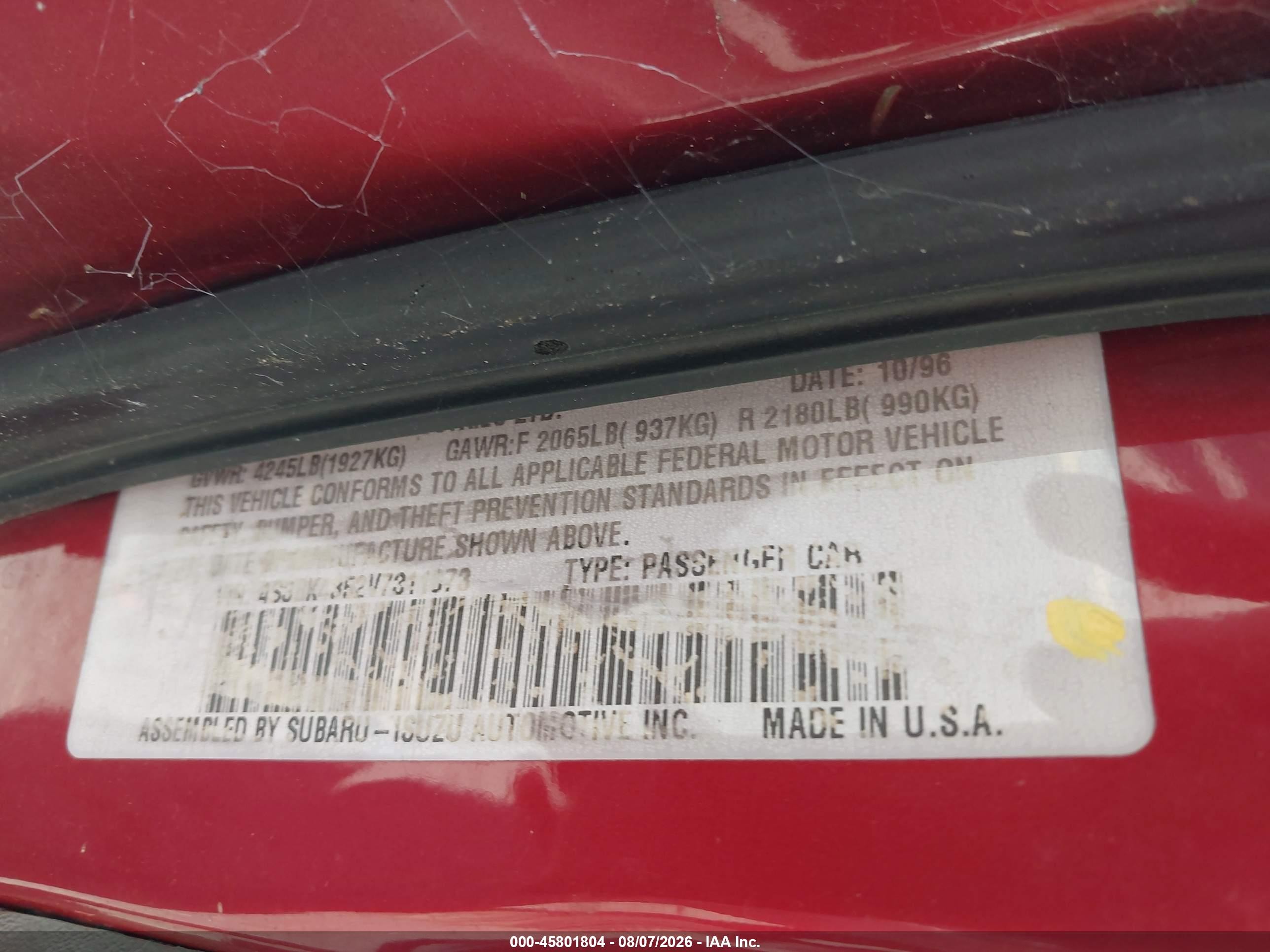 1997 Subaru Legacy L/postal Right-hand Drive Red vin: 4S3BK4352V7311073