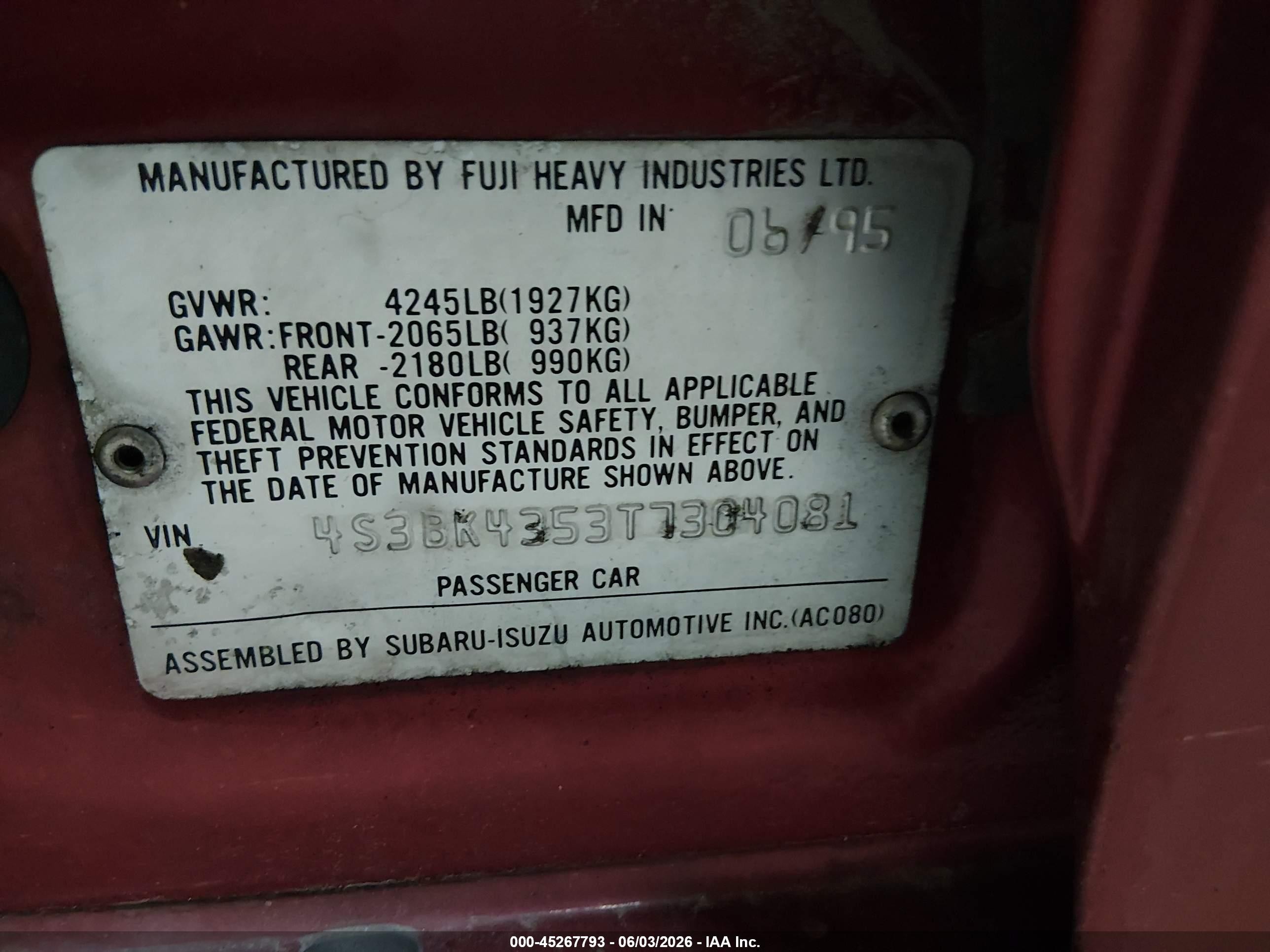 1996 Subaru Legacy L Red vin: 4S3BK4353T7304081