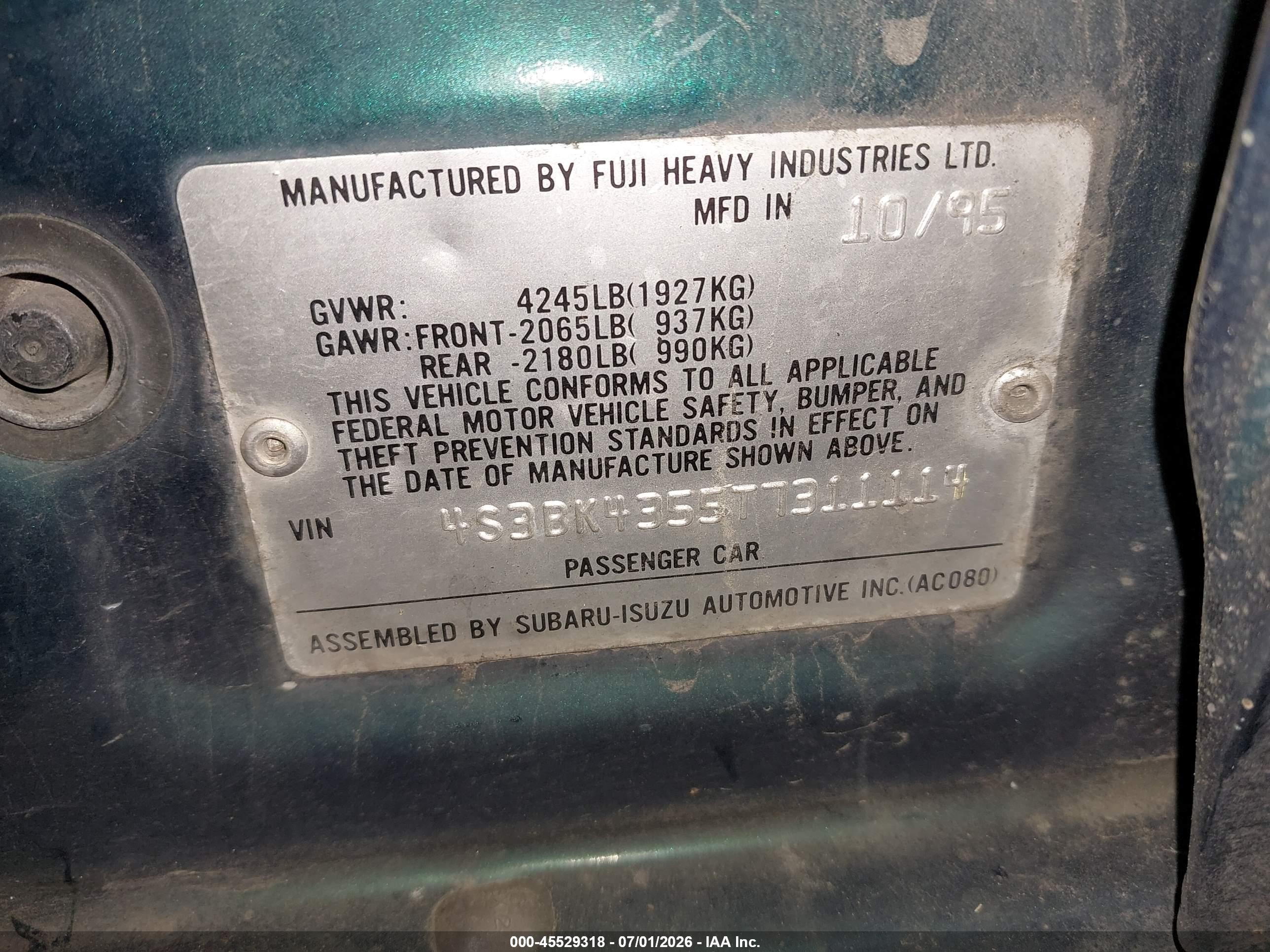 1996 Subaru Legacy L Green vin: 4S3BK4355T7311114