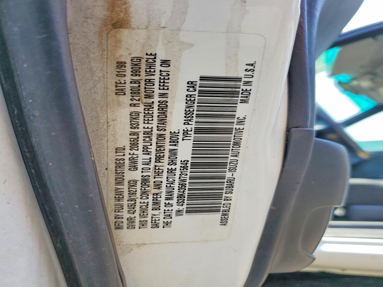 1998 Subaru Legacy L Белый vin: 4S3BK4356W7315645