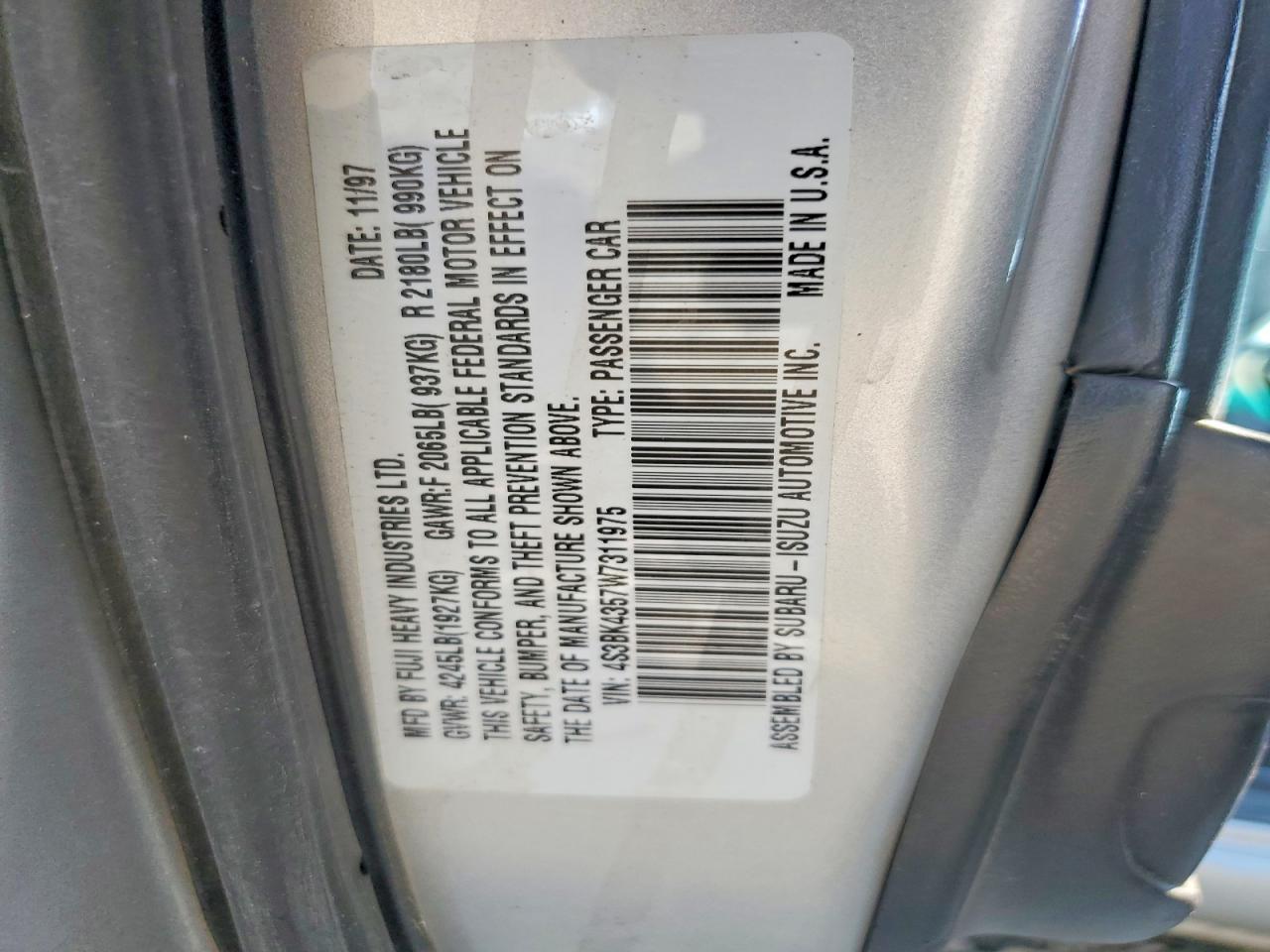 1998 Subaru Legacy L Silver vin: 4S3BK4357W7311975