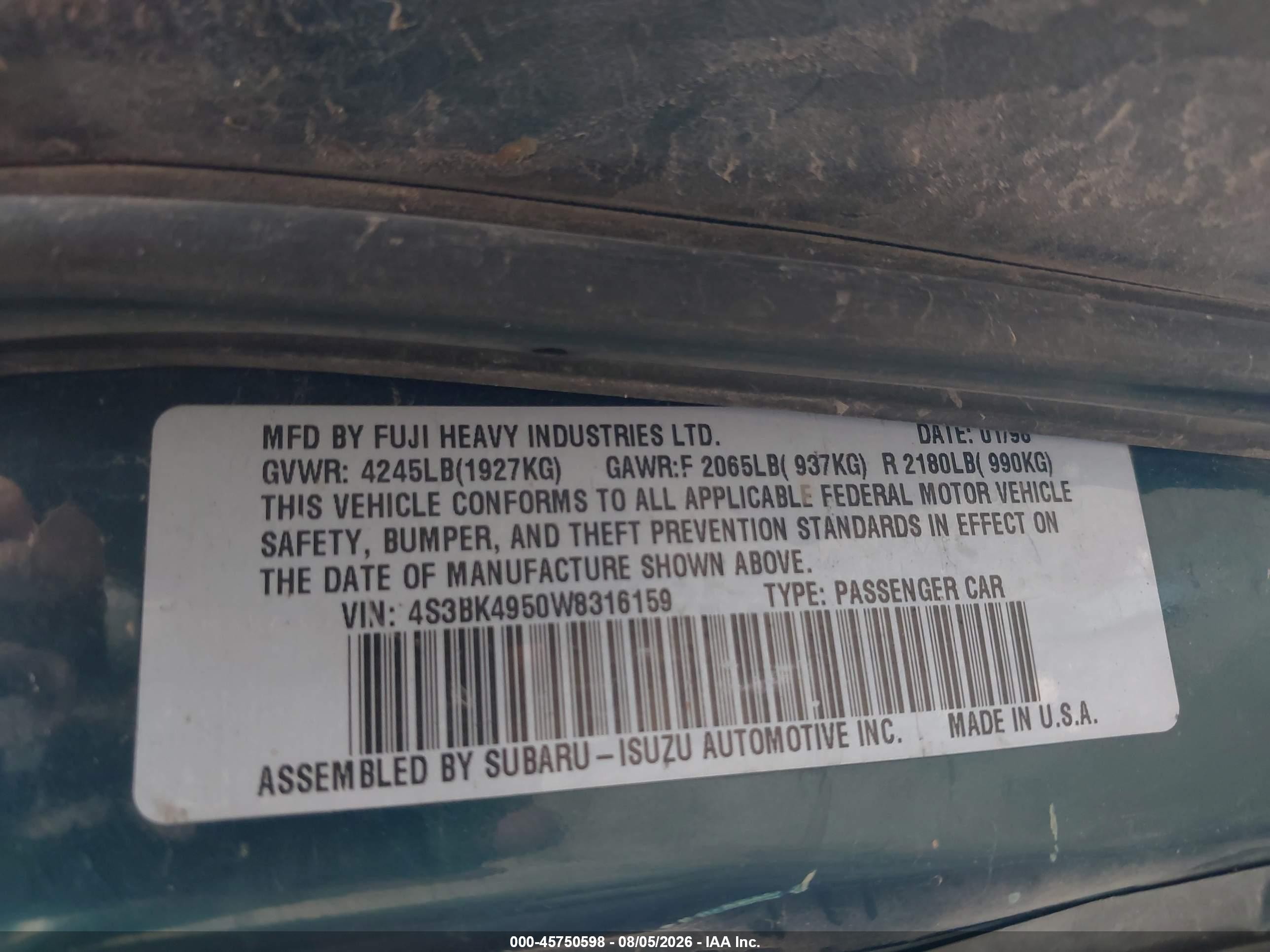 1998 Subaru Legacy Right Hand Postal Drive Green vin: 4S3BK4950W8316159