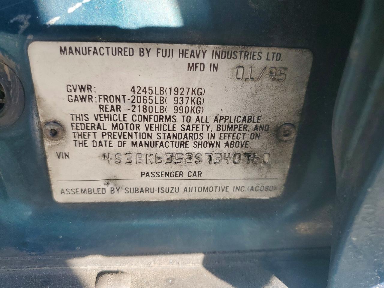 1995 Subaru Legacy L Green vin: 4S3BK6352S7340760