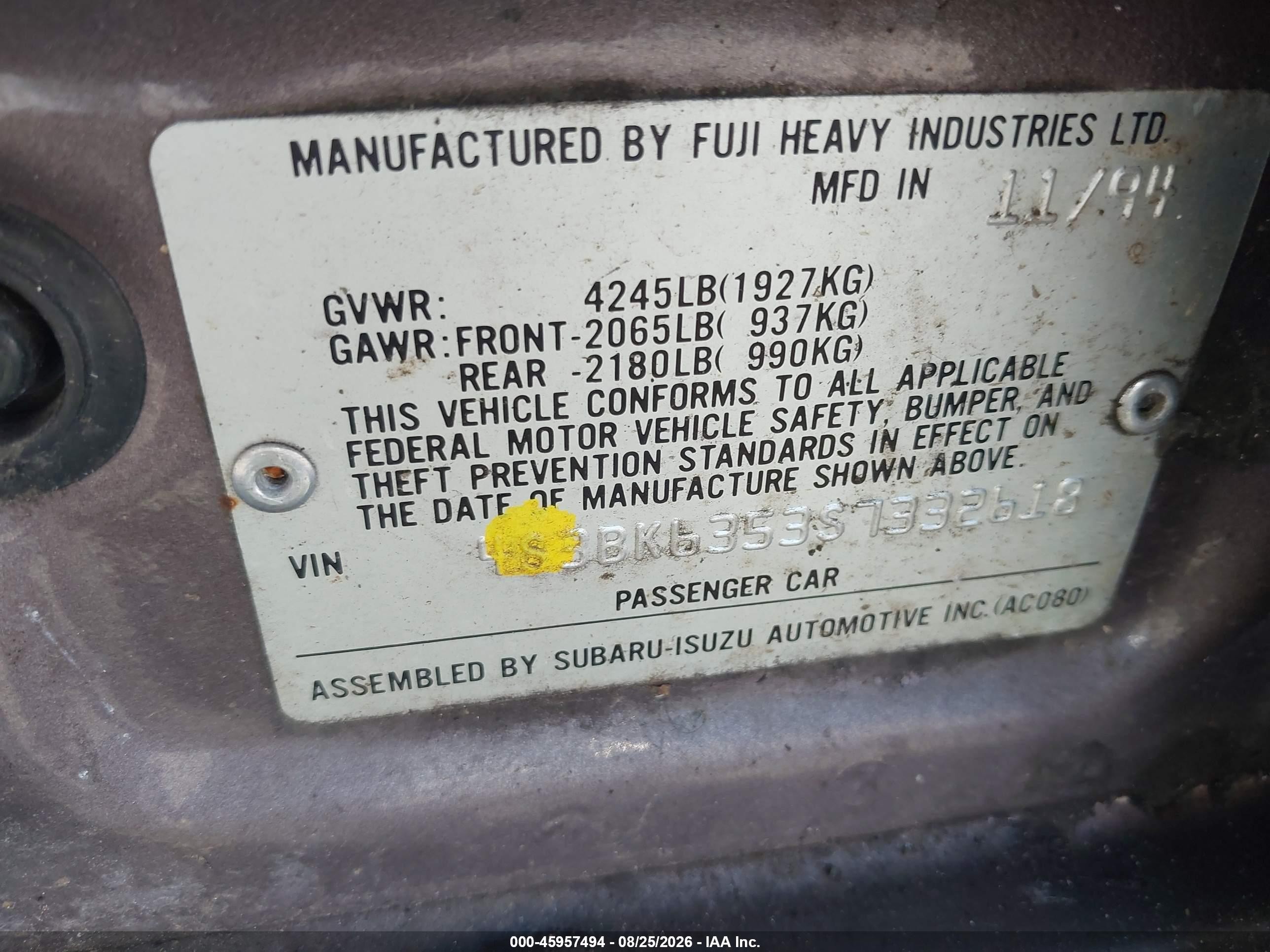 1995 Subaru Legacy L/outback Purple vin: 4S3BK6353S7332618