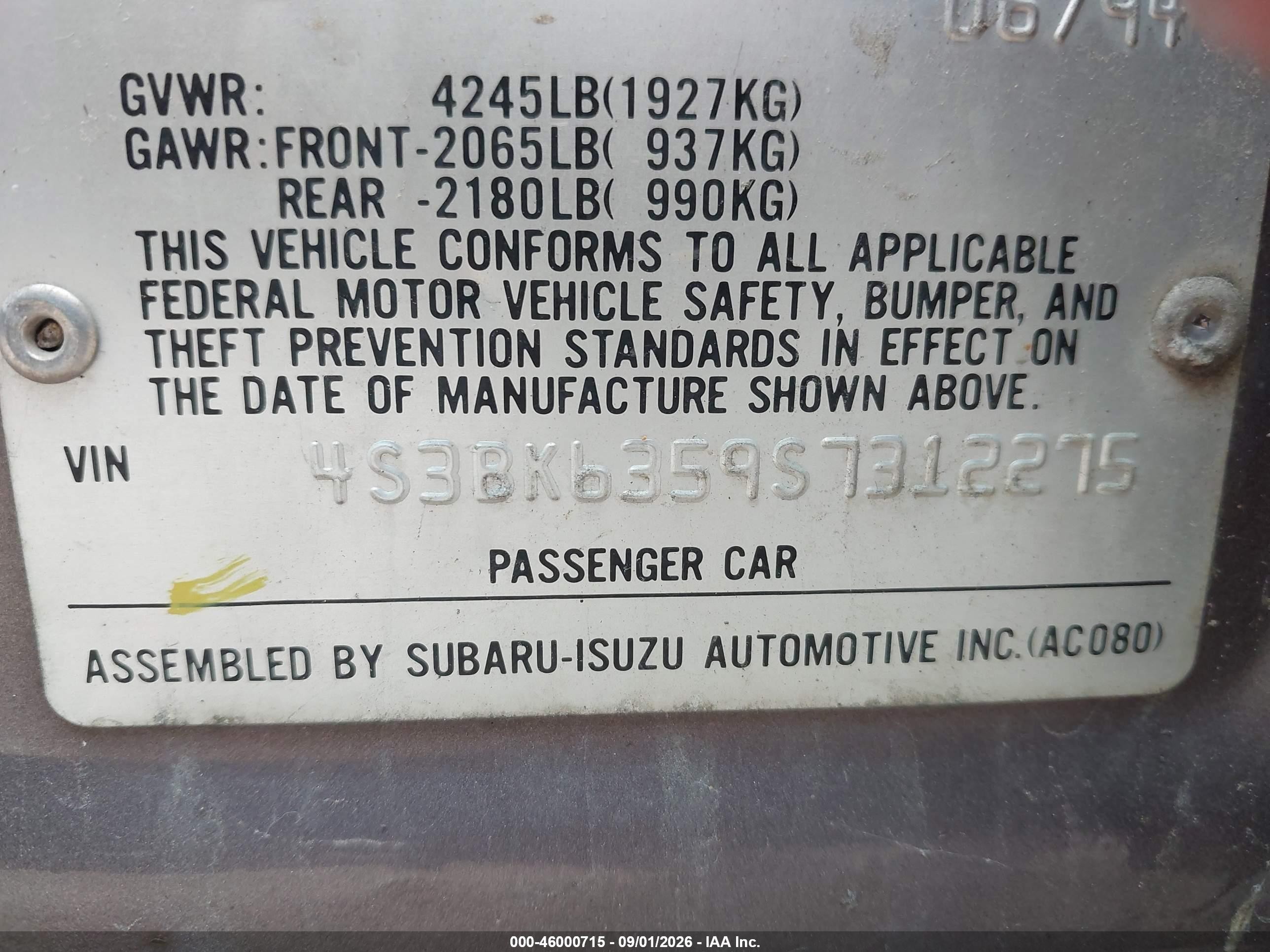1995 Subaru Legacy L/outback Tan vin: 4S3BK6359S7312275