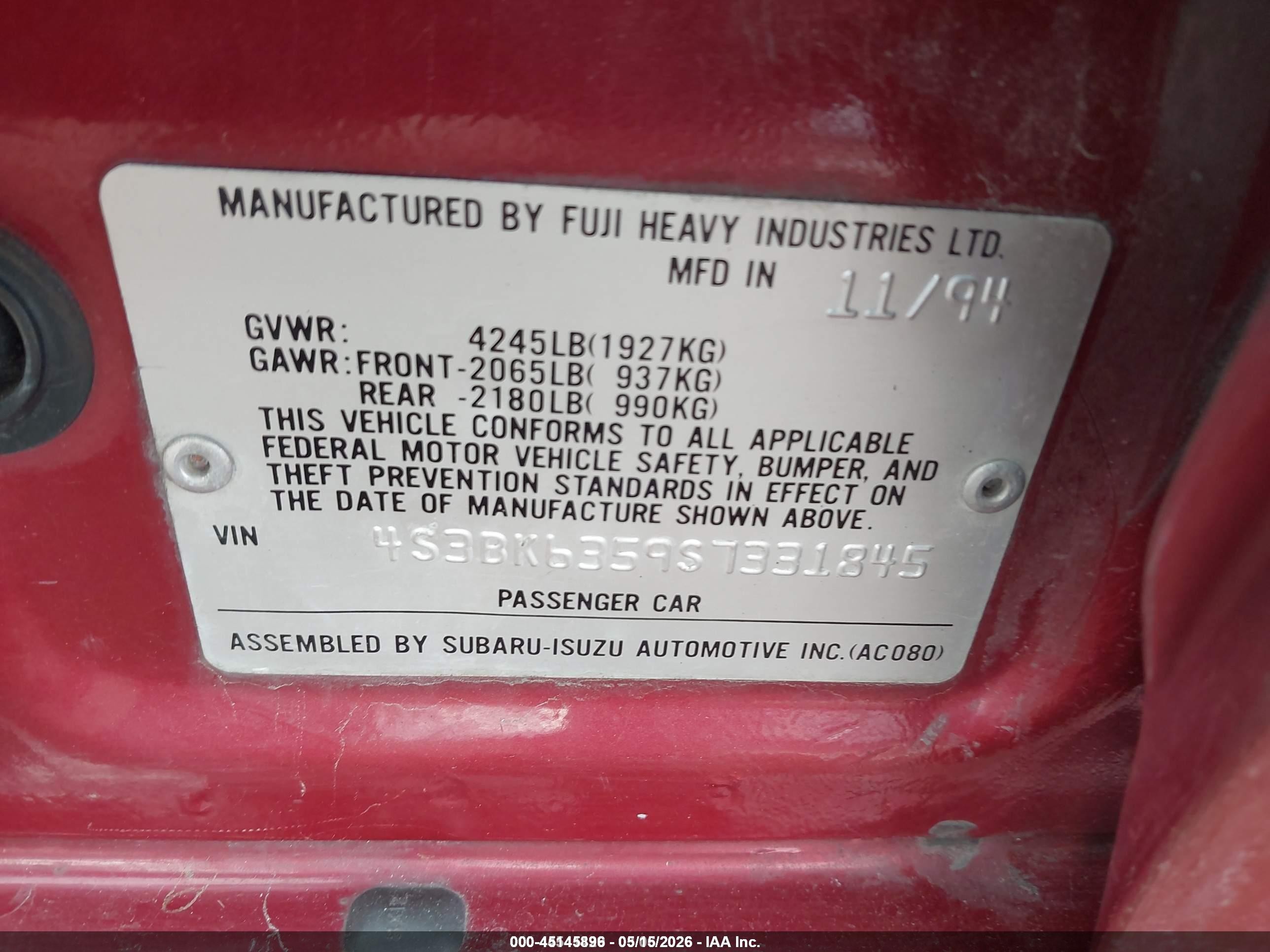 1995 Subaru Legacy L/outback Red vin: 4S3BK6359S7331845