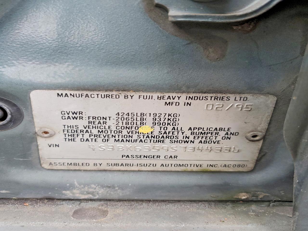 1995 Subaru Legacy L Teal vin: 4S3BK6359S7344336
