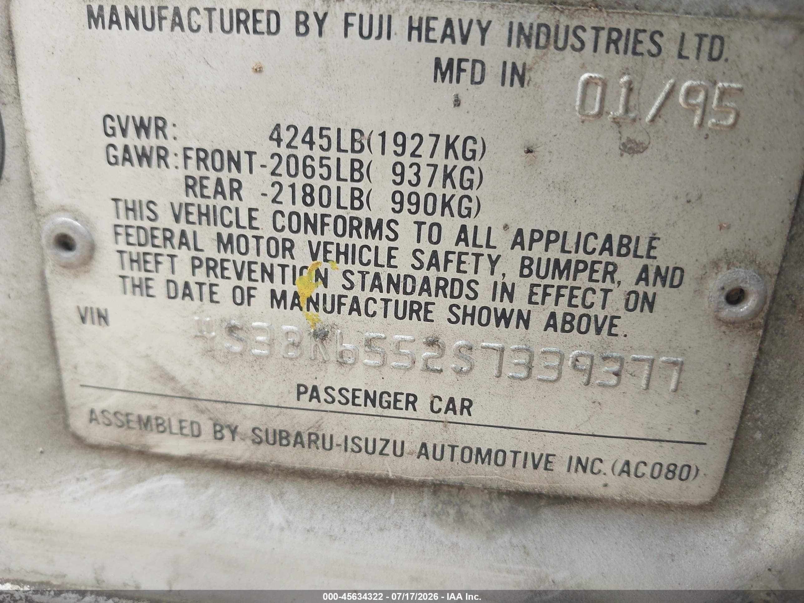 1995 Subaru Legacy Ls/lsi Silver vin: 4S3BK6552S7339377