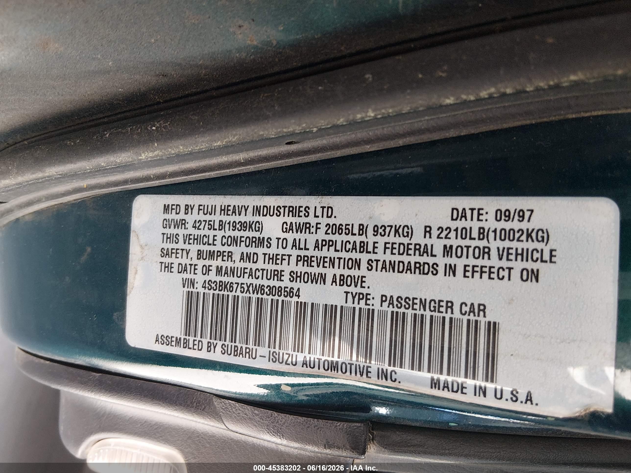 1998 Subaru Legacy 2.5gt Green vin: 4S3BK675XW6308564