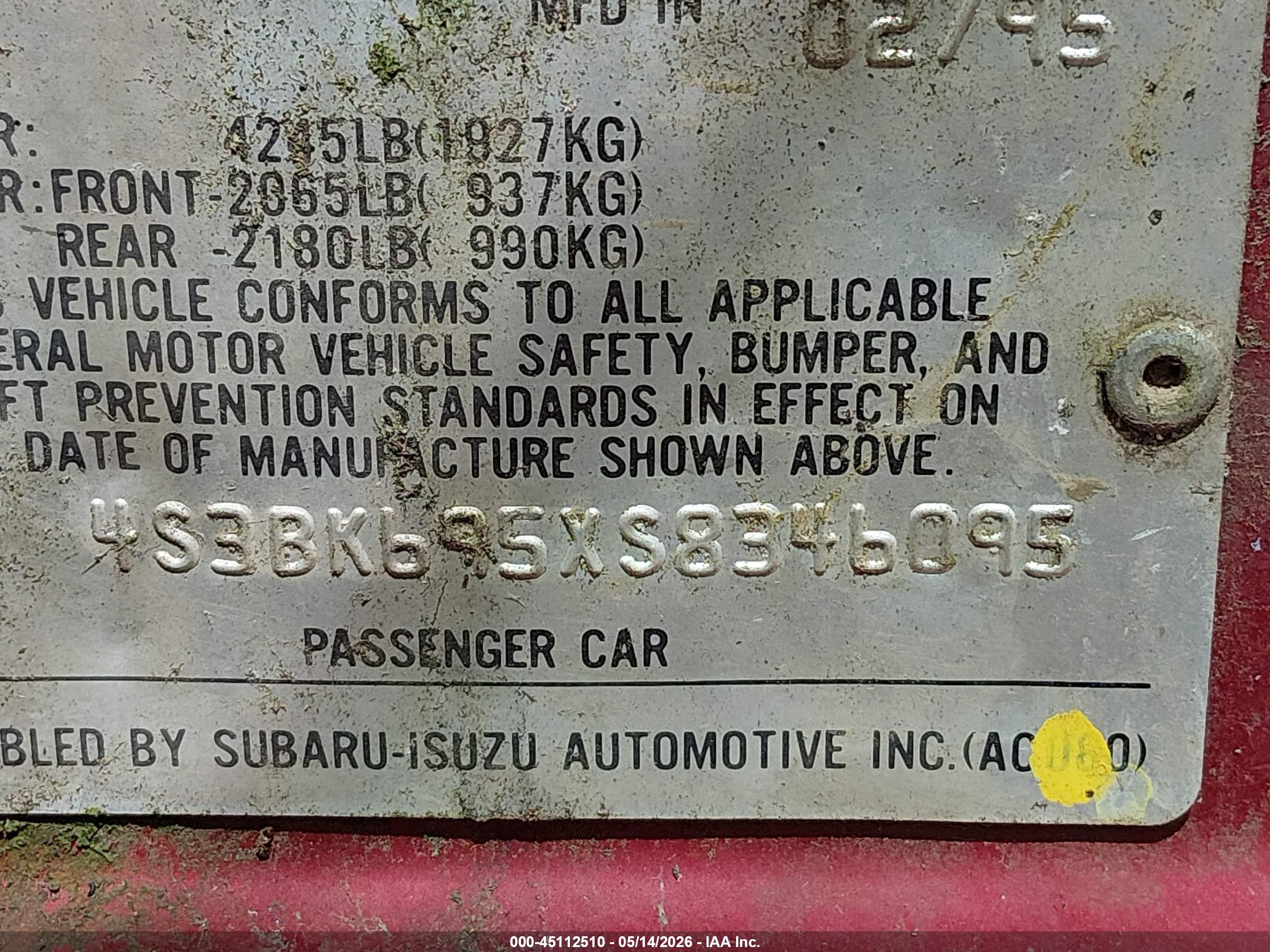 1995 Subaru Legacy Postal Red vin: 4S3BK695XS8346095