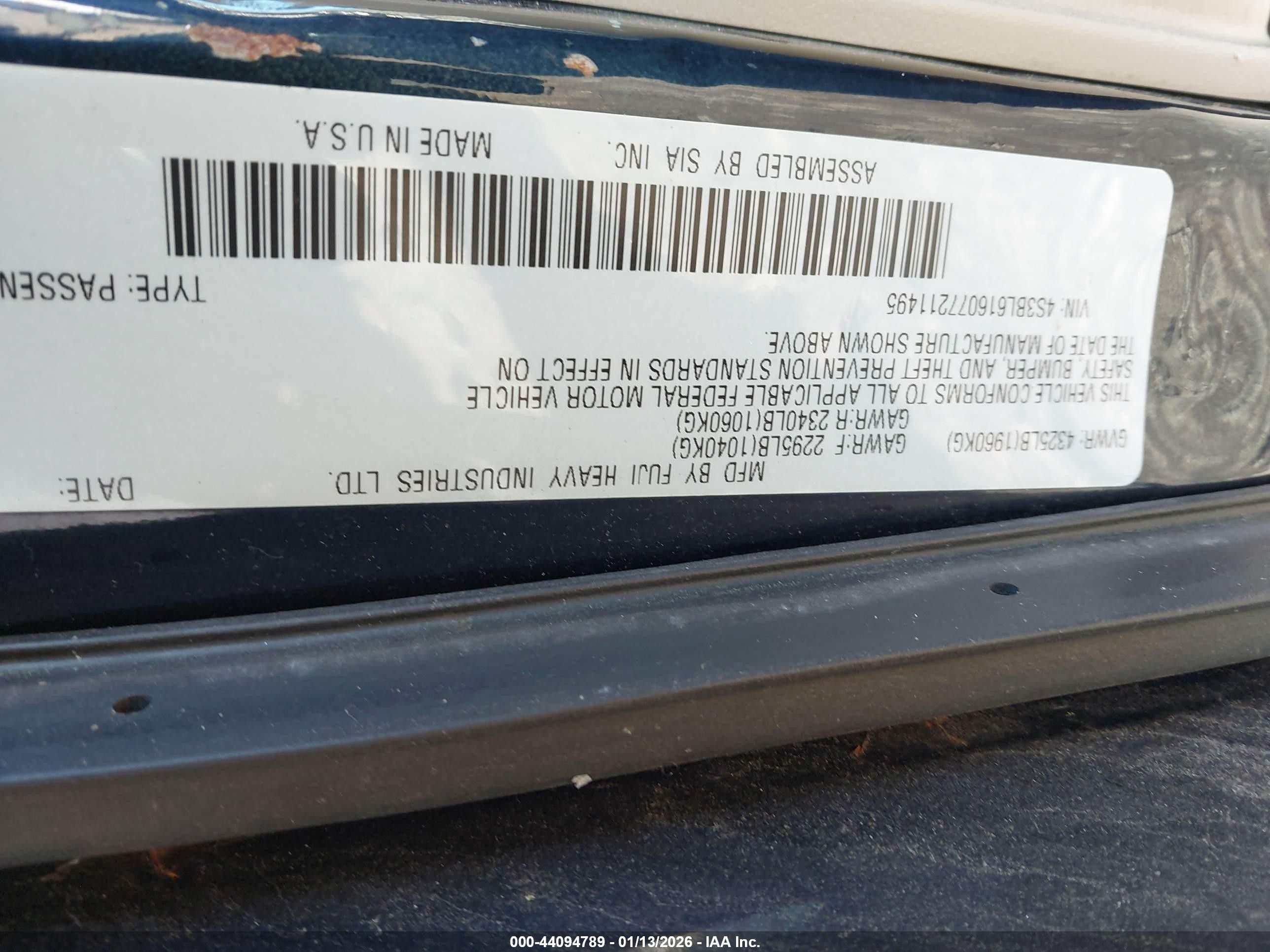 2007 Subaru Legacy 2.5i Dark Blue vin: 4S3BL616077211495