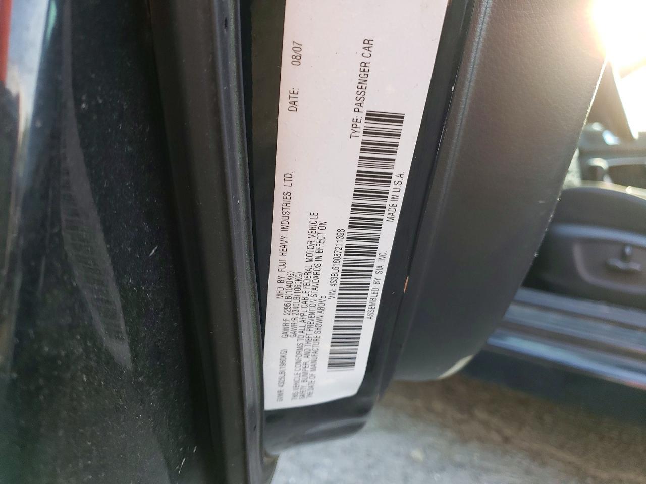 2008 Subaru Legacy 2.5i Black vin: 4S3BL616087211398