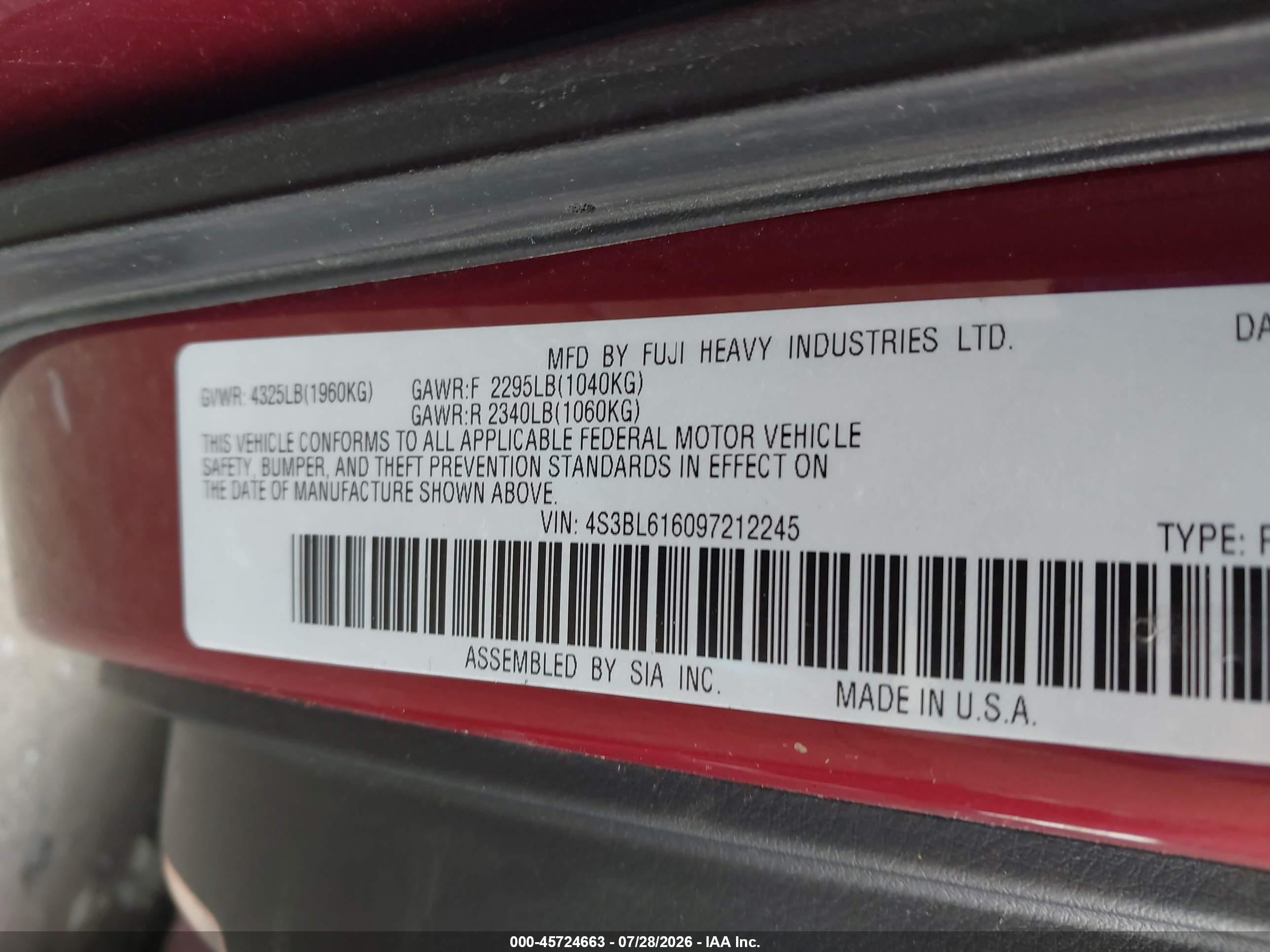2009 Subaru Legacy 2.5i Red vin: 4S3BL616097212245
