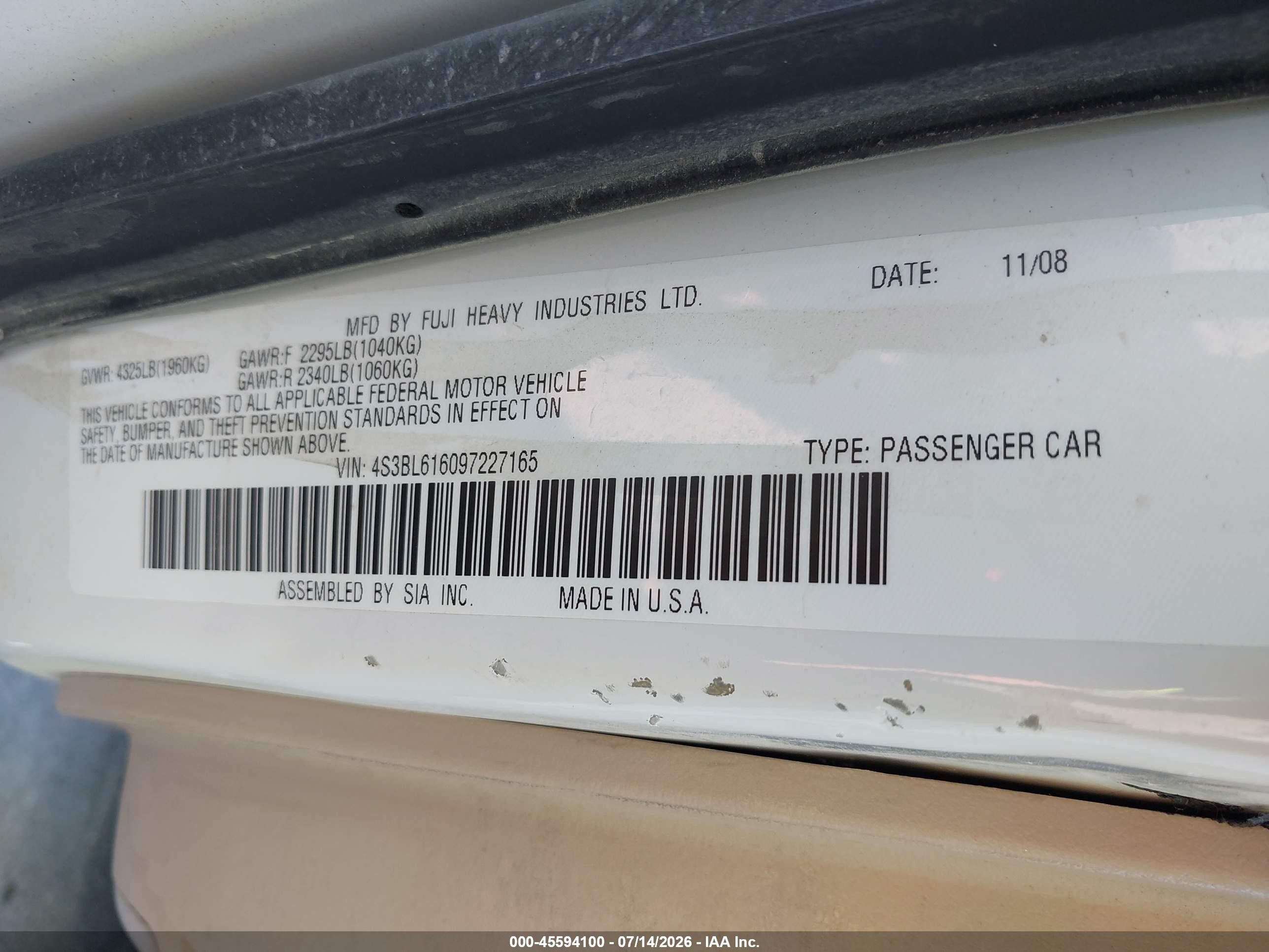 2009 Subaru Legacy 2.5i White vin: 4S3BL616097227165