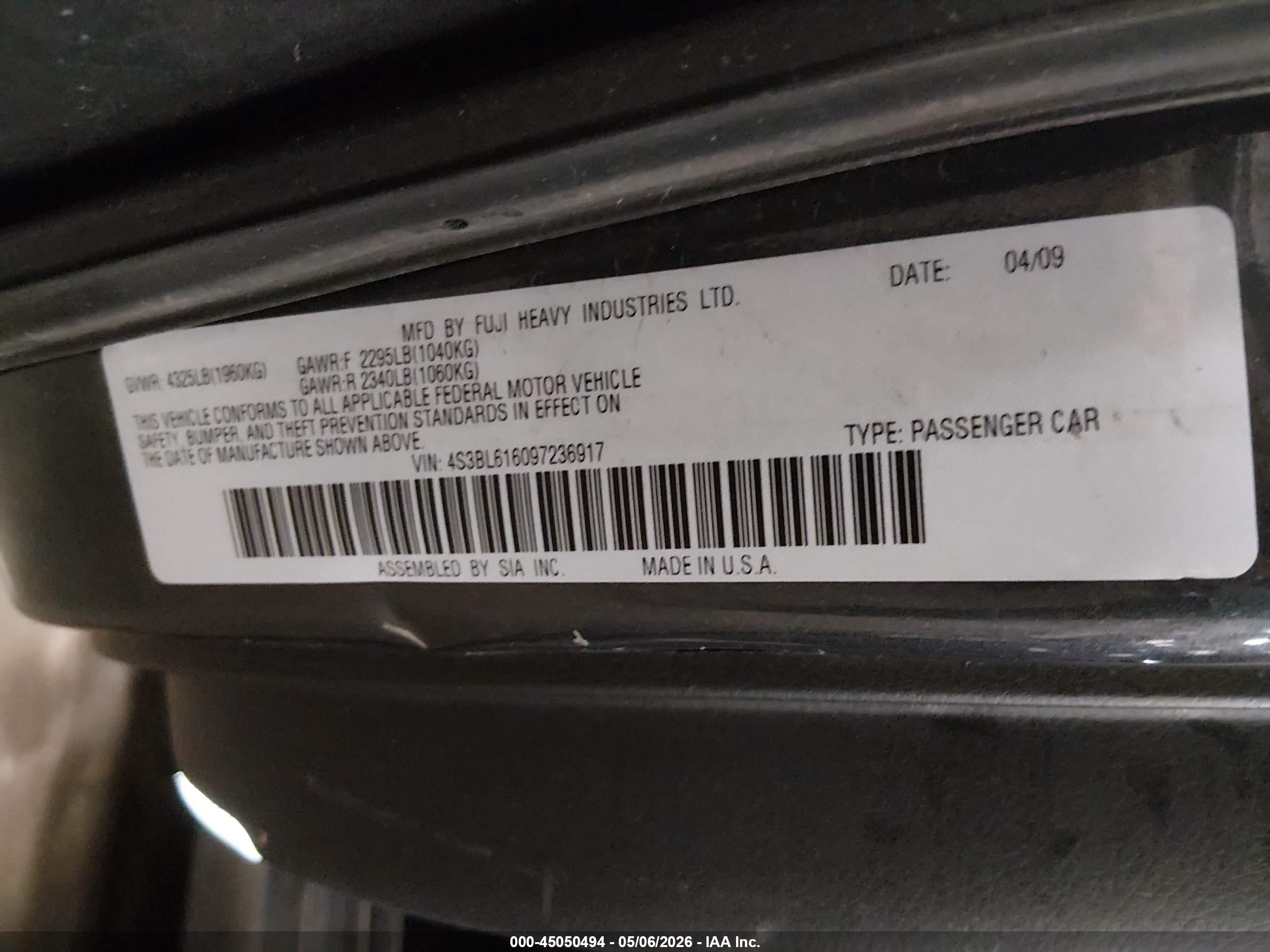 2009 Subaru Legacy 2.5i Gray vin: 4S3BL616097236917