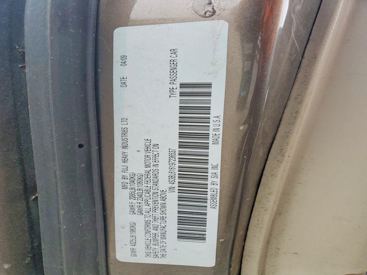 2009 Subaru Legacy 2.5i Brown vin: 4S3BL616197236537